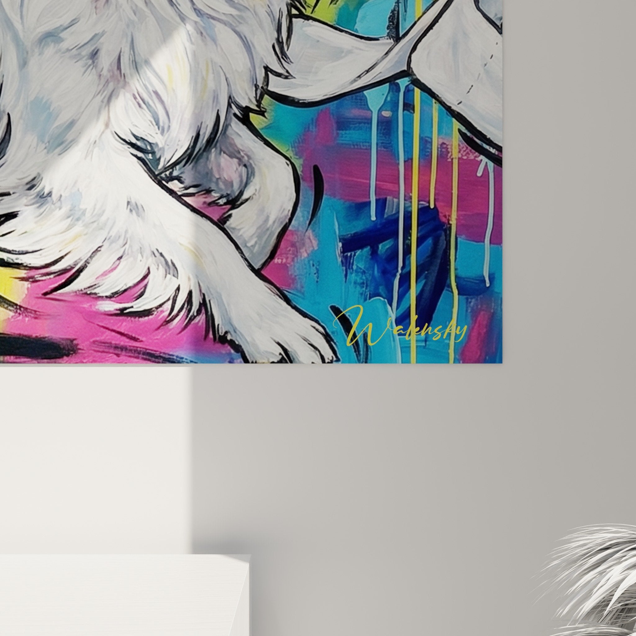 Panoramica quadro spaniel giapponese esplosione colori vivaci movimento dinamico arte decorativa contemporanea