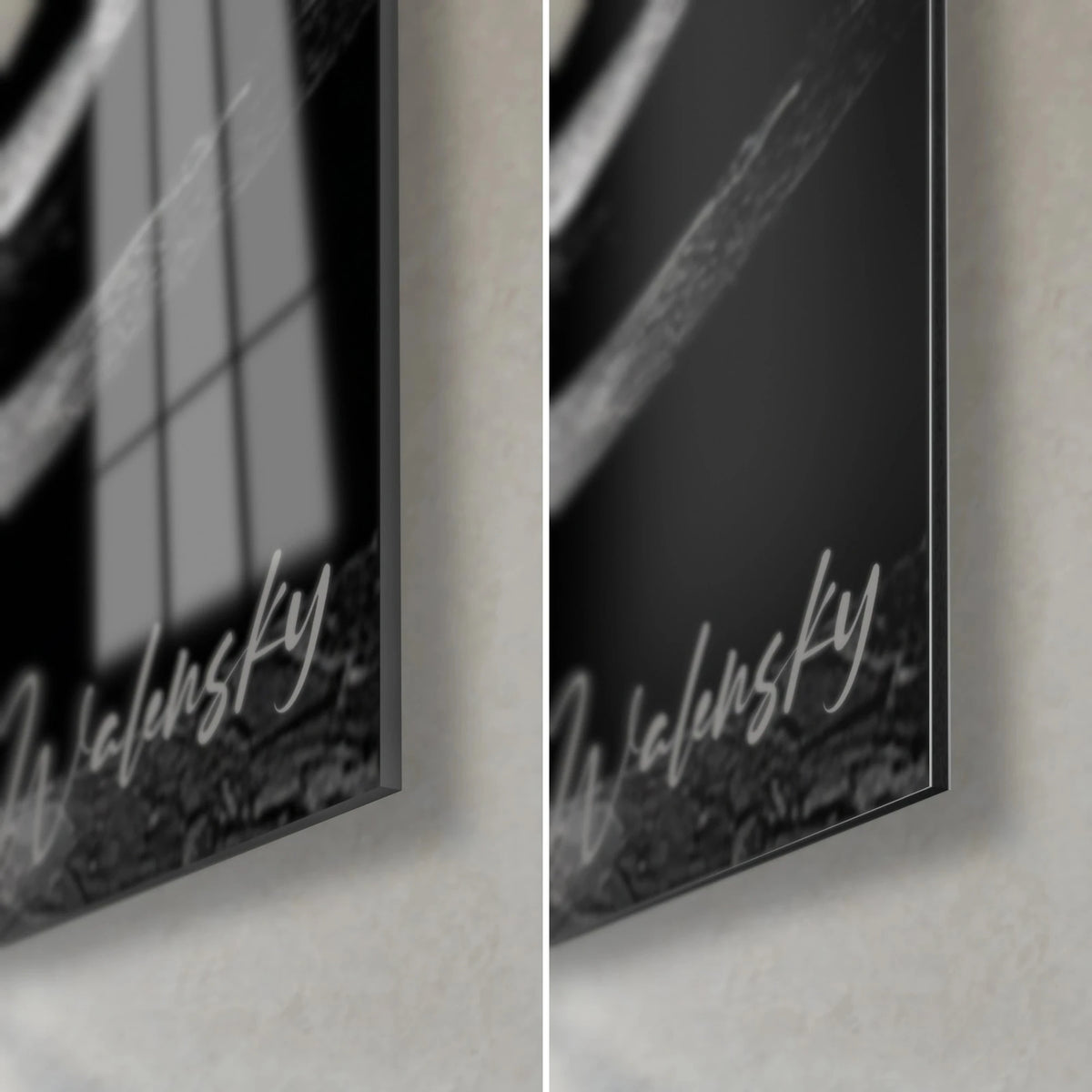Wall art black-and-white baroque staircase, bottom right corner: glossy glass with grey reflections and matt Dibond aluminium, 3 mm edge