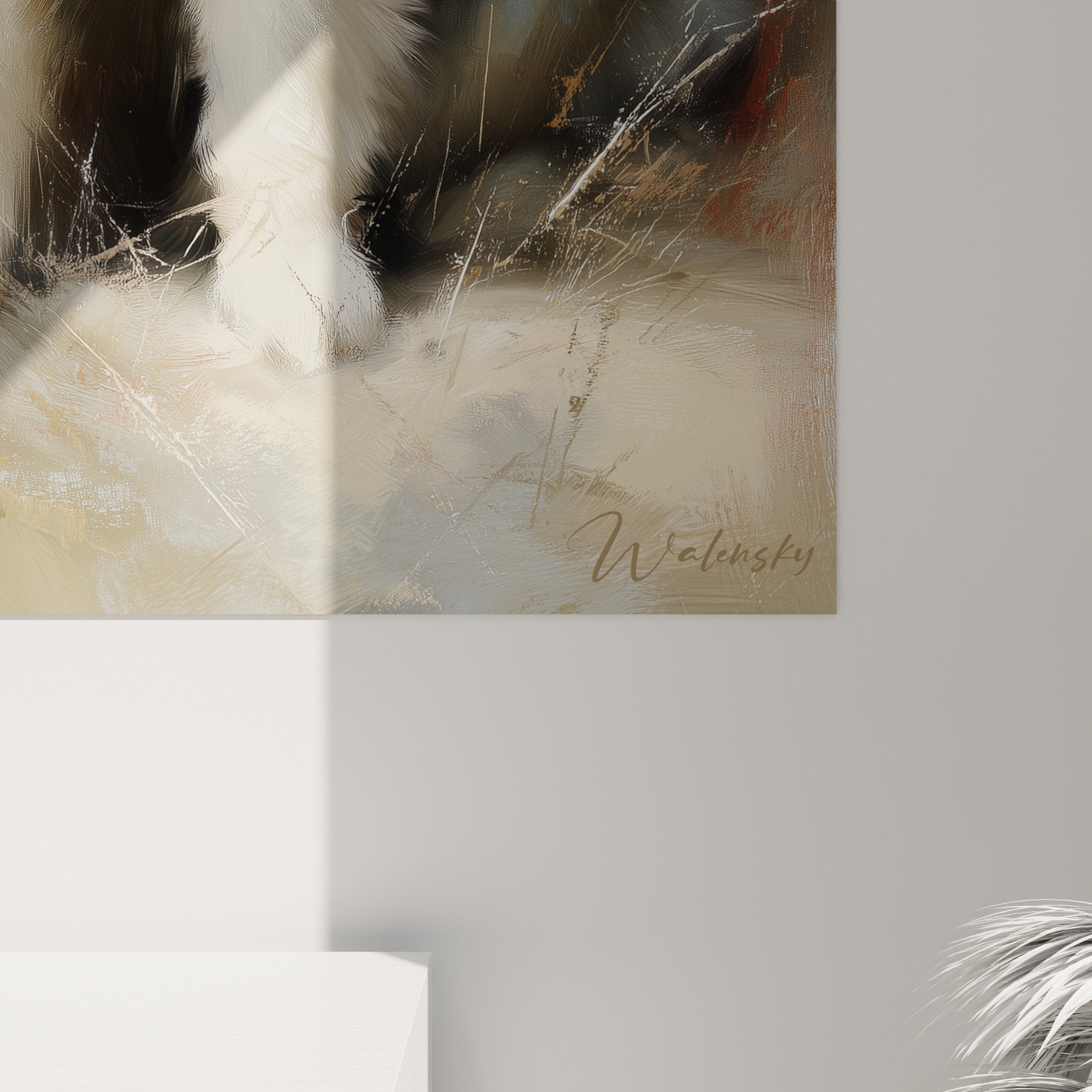 Vista d'insieme quadro Eurasier ritratto cane toni neutri decorazione interni