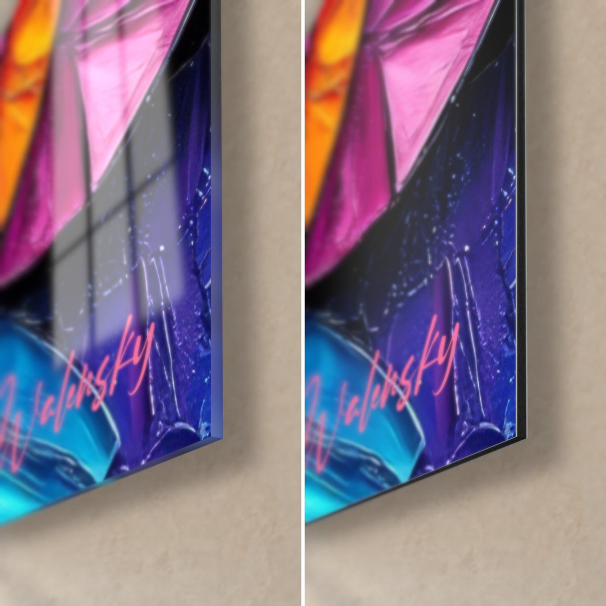Obraz łuski w wachlarz w granatowym i fuksjowym kolorze, prawy dolny róg: błyszczące szkło po lewej, matowy Dibond po prawej