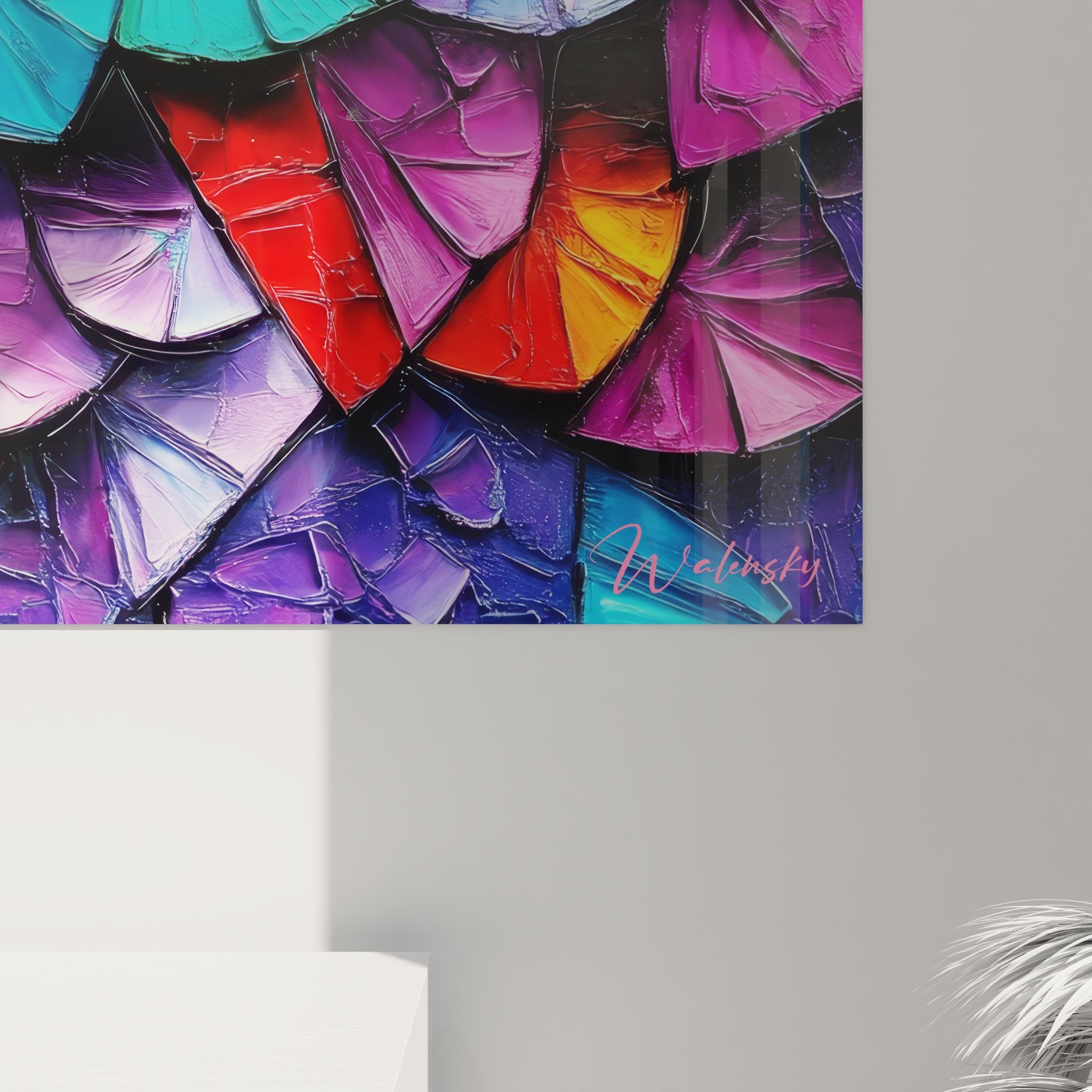 Vue ensemble tableau mural éventails colorés art abstrait multicolore décoration