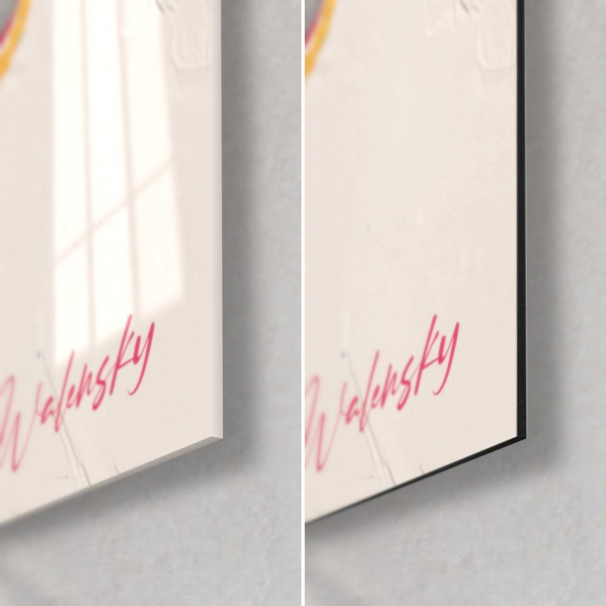 Quadro colata astratta blu e rosa, angolo in basso a destra, firma Walensky, vetro acrilico lucido e alluminio Dibond opaco, spessore 3 mm