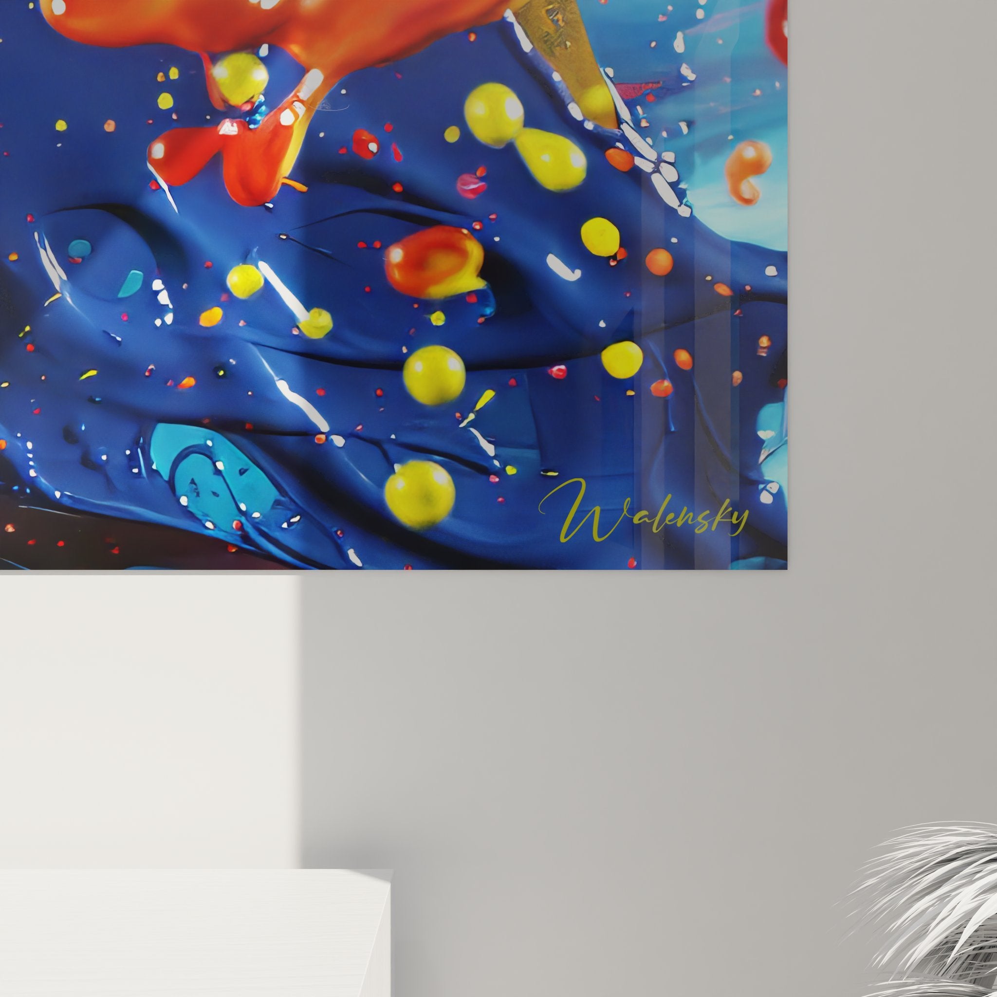 Vue d'ensemble du tableau explosion de couleurs abstraites sur fond blanc avec cadre moderne