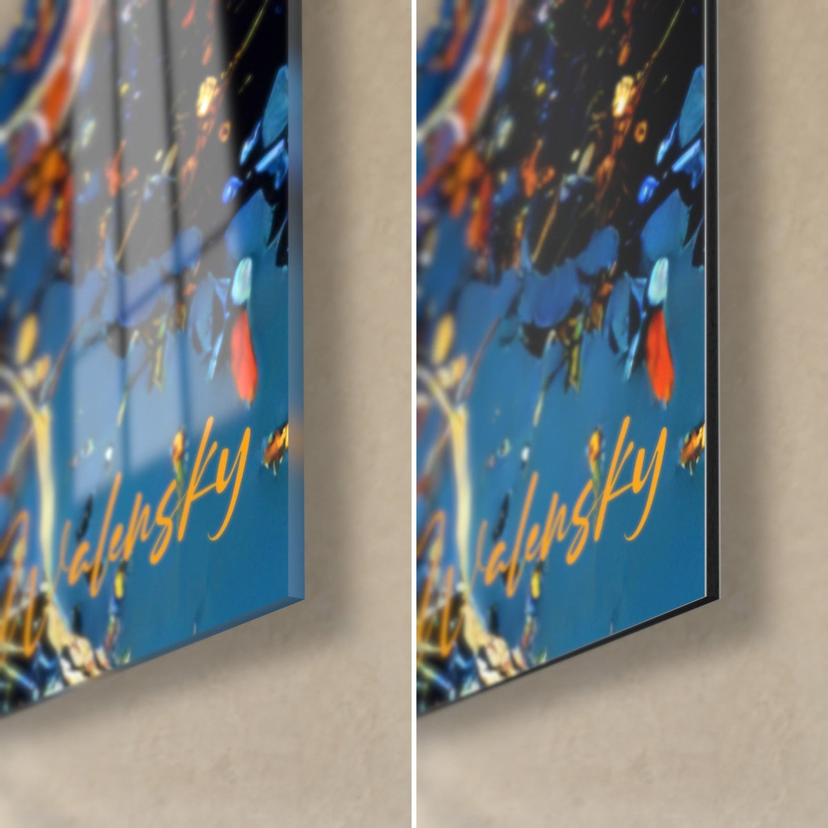 Wall art abstract explosion in cobalt blue and golden yellow, gold signature bottom right, glossy glass and matte Dibond, 3 mm thickness