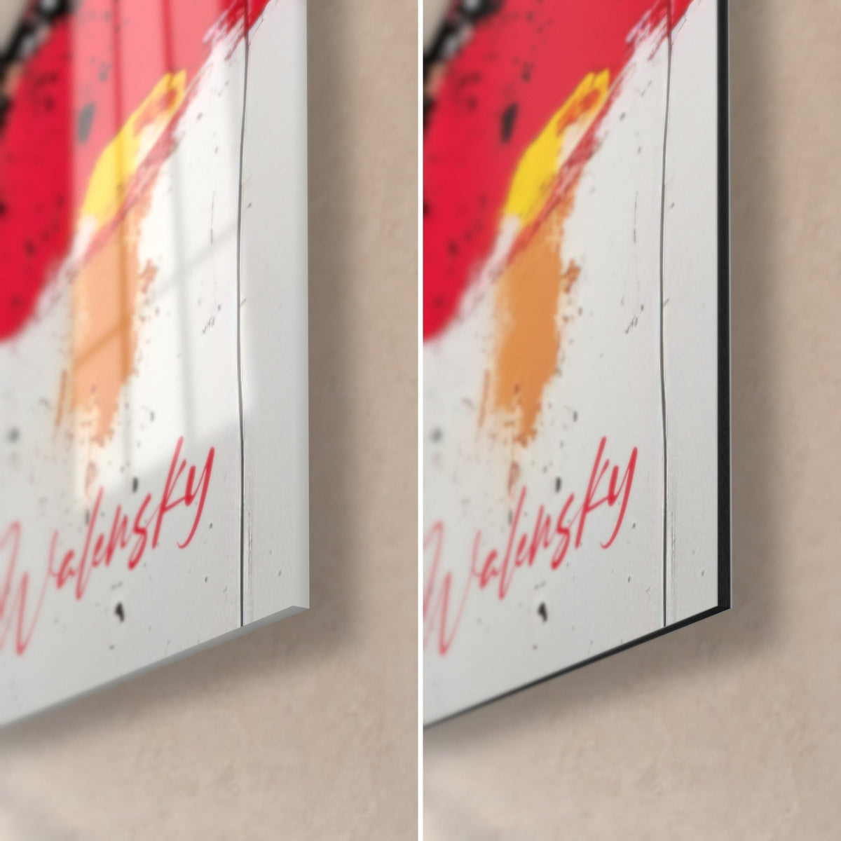 Wall art abstract red and orange splash, bottom right corner: glossy acrylic glass on the left, matte black Dibond on the right