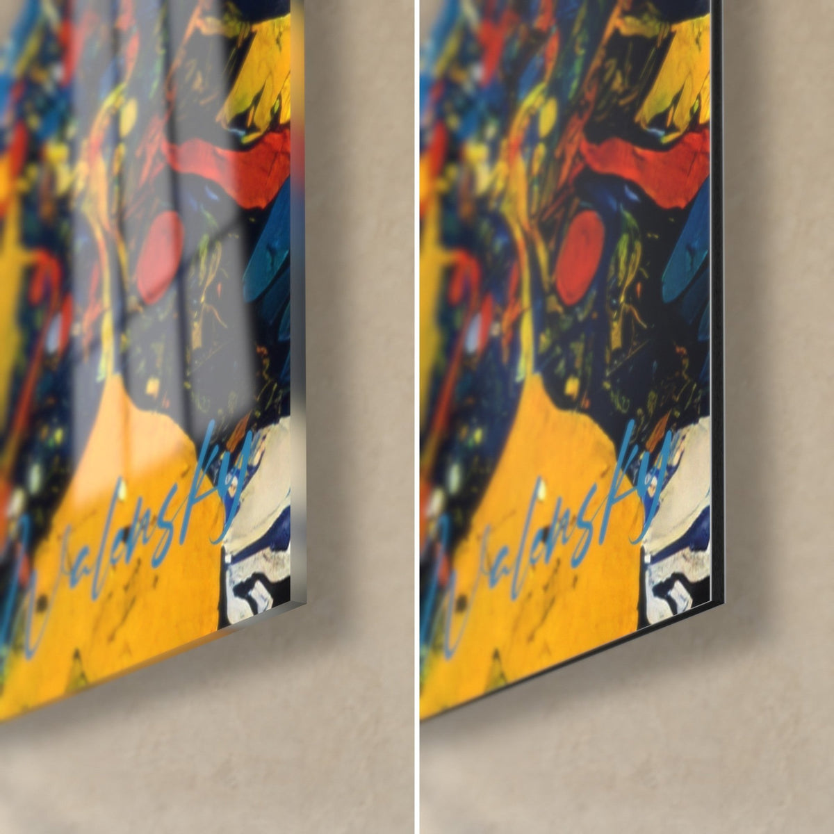 Wall art color explosion, yellow and midnight blue corner at bottom right, glossy glass on the left, matte Dibond on the right, 3 mm edge
