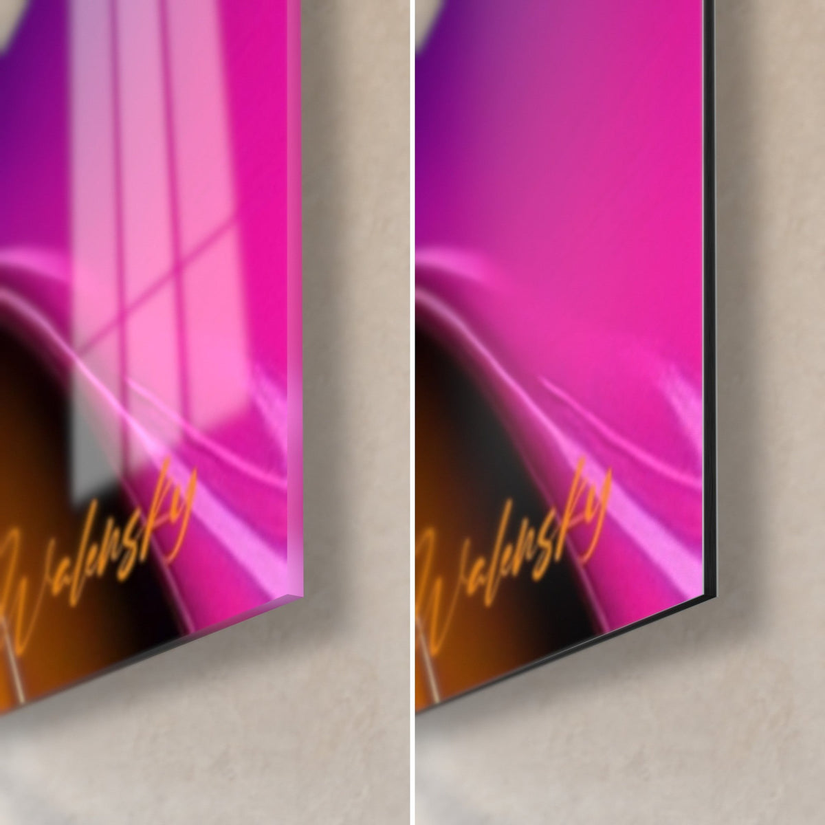 Cuadro con pintura líquida magenta y naranja, esquina inferior derecha: cristal acrílico brillante a la izquierda, Dibond mate a la derecha, canto de 3 mm