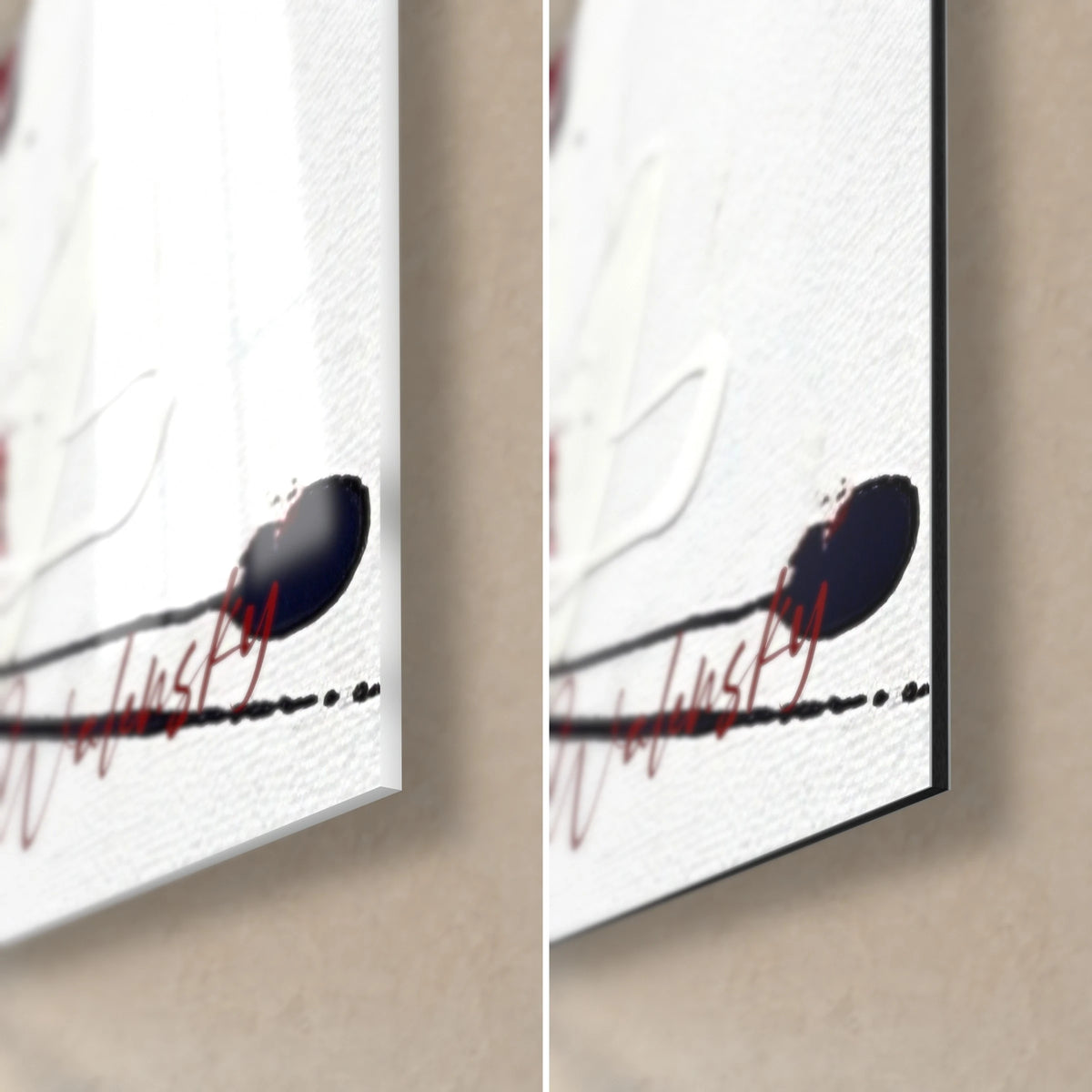 Tableau combattant au poing rouge, coin bas droit : verre acrylique brillant à gauche, Dibond blanc mat à droite, tranche noire