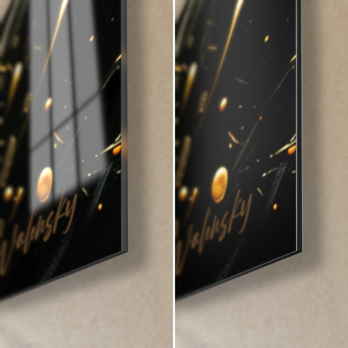 Wall art golden explosion on black, bottom right corner: glossy glass reflecting the window, matte Dibond, 3 mm edge