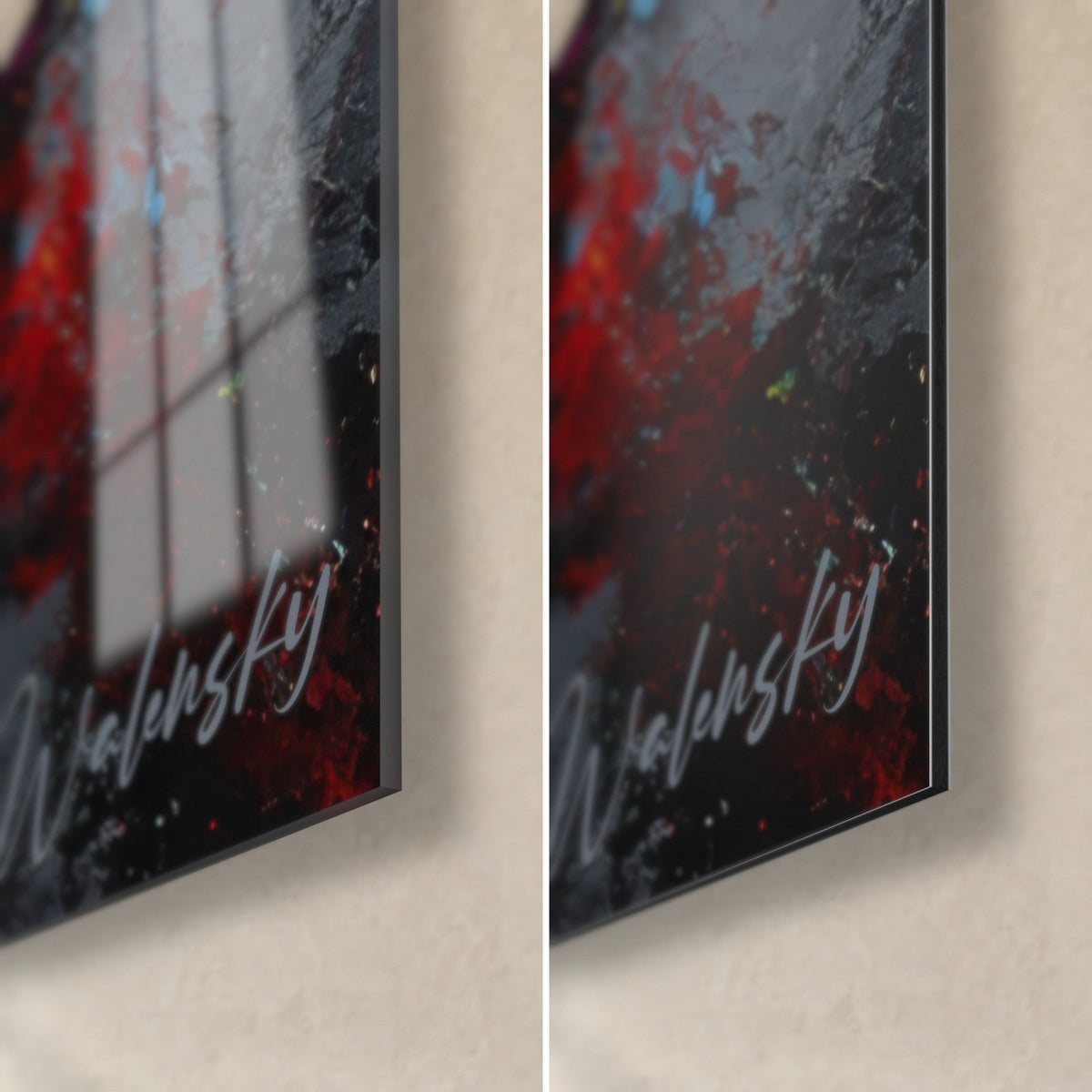 Tableau abstrait aux angles rouge sang et gris anthracite, coin bas droit, tranche de 3 mm, verre brillant et Dibond mat