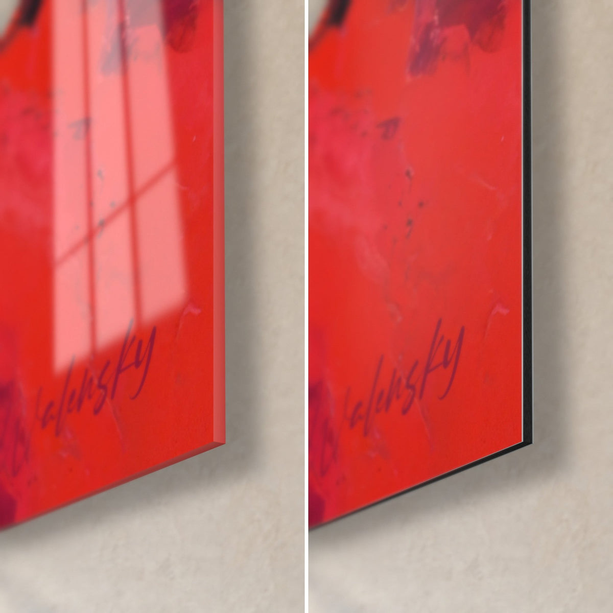 Wall art red and pink detonation, bottom right corner in glossy reflective glass and matte Dibond aluminum, 3 mm edge