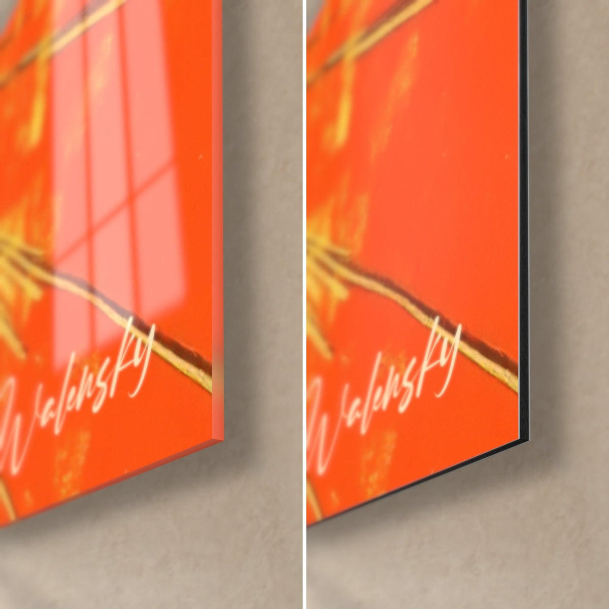 Tableau astre jaune et orange en rayons, coin bas droit en verre brillant et Dibond mat, tranche de 3 mm et signature Walensky