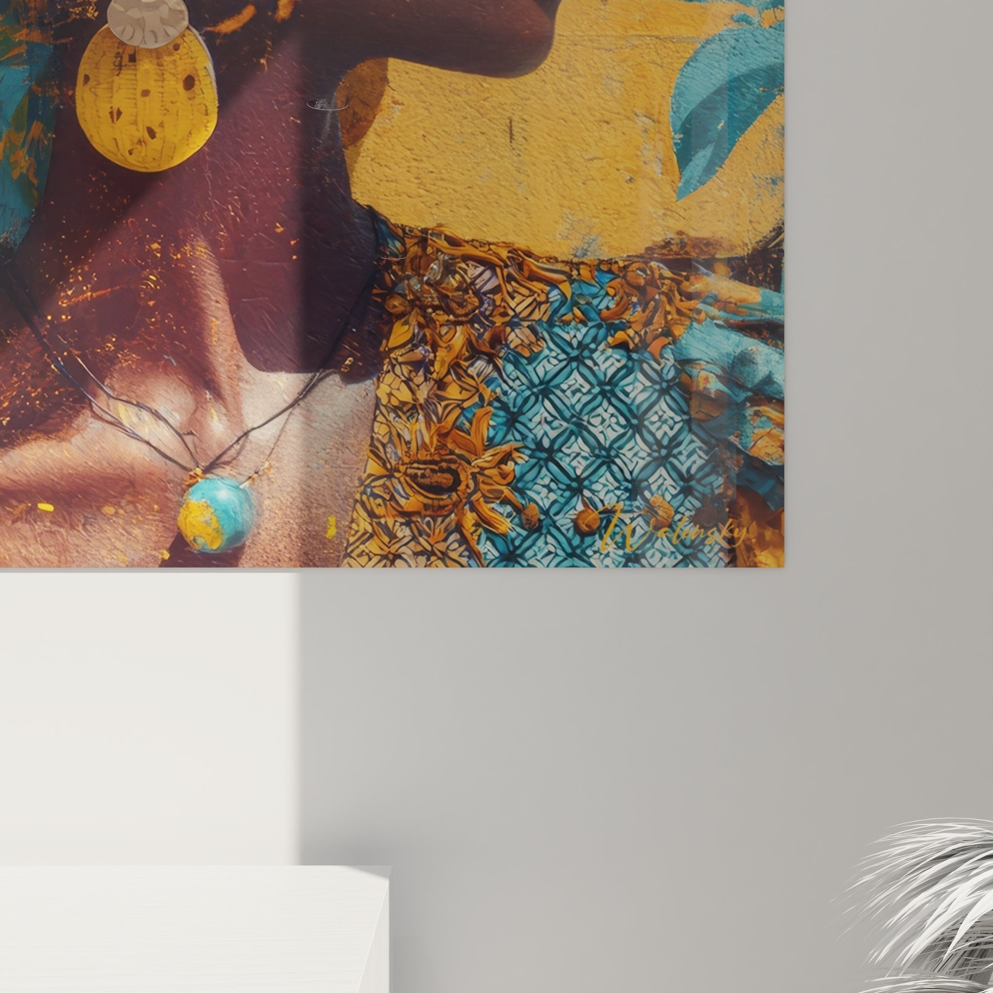 Vue ensemble tableau décoratif femme africaine oranges feuillage tropical art ethnique