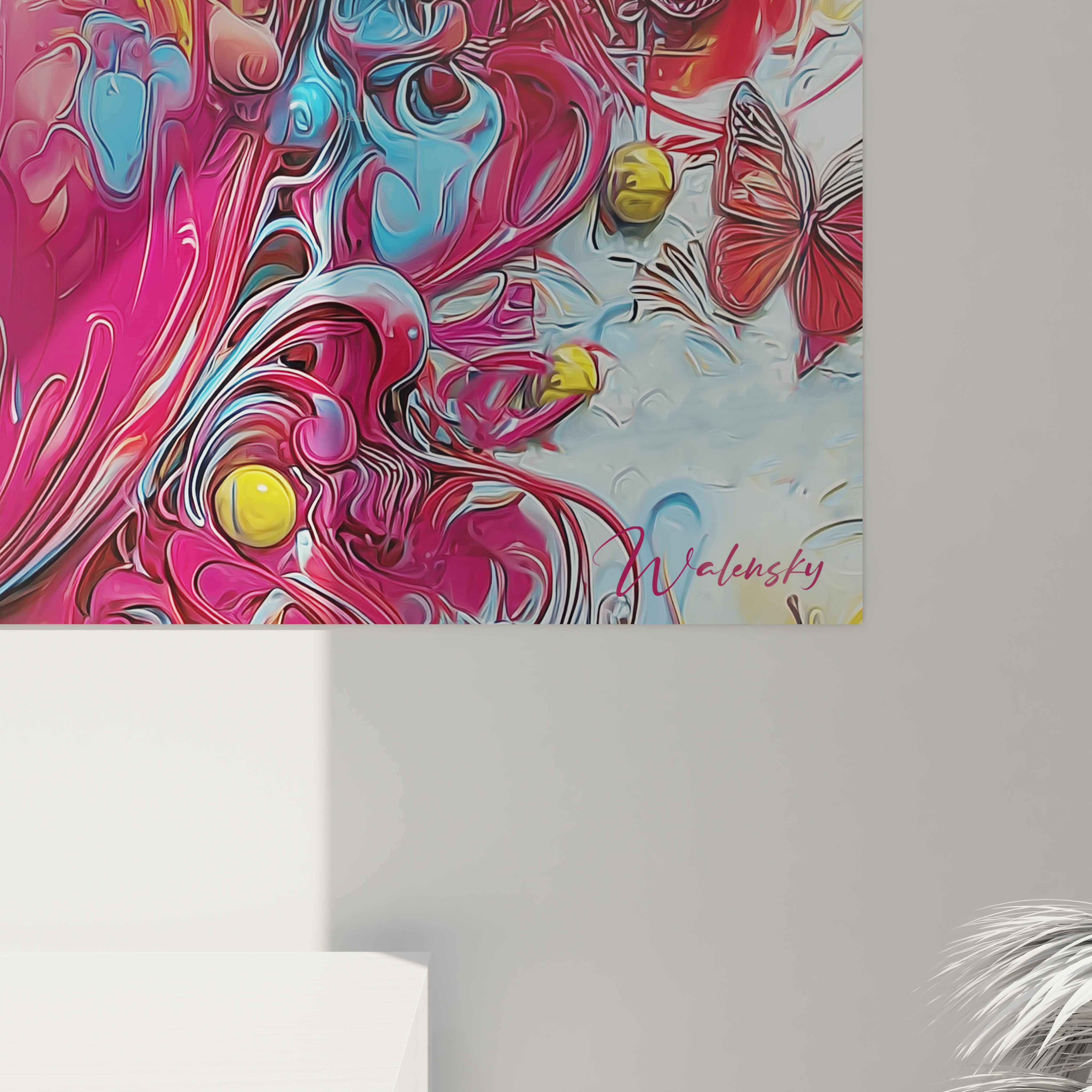 Vue ensemble tableau femme floral psychédélique couleurs vives décoration murale art contemporain coloré