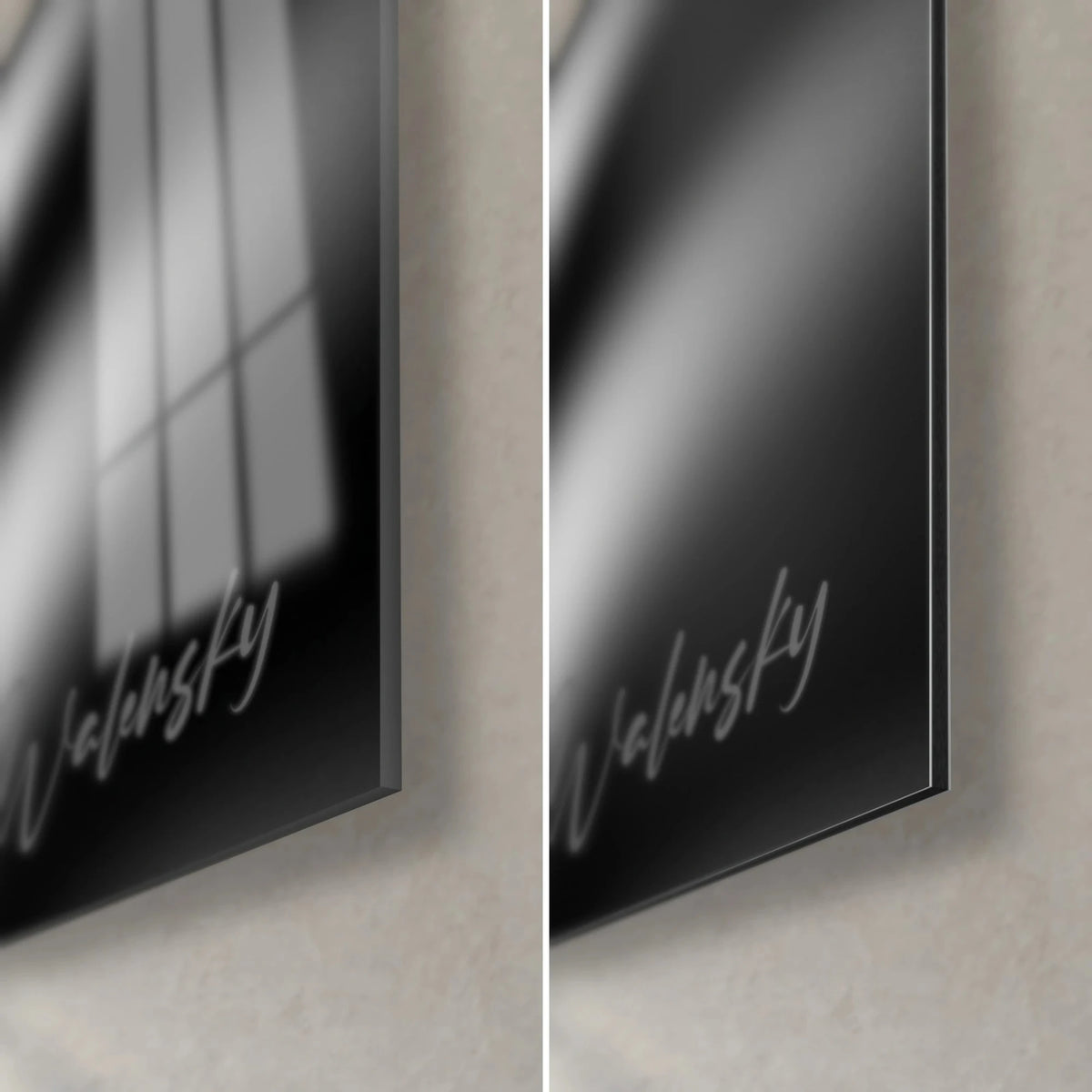 Gemälde Schattengesicht, untere rechte Ecke: glänzendes schwarzes Acrylglas links, matter Alu-Dibond rechts, 3 mm Kante