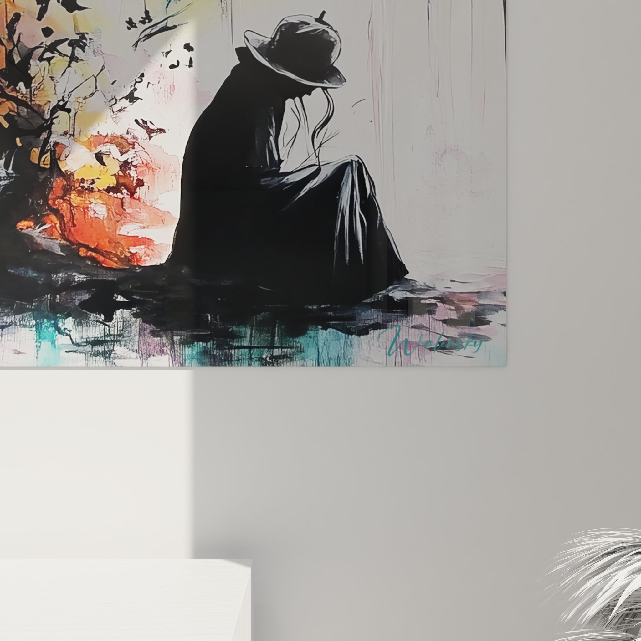 Vue ensemble tableau décoratif femme contemplative nature arbre coloré art mural figuratif abstrait moderne