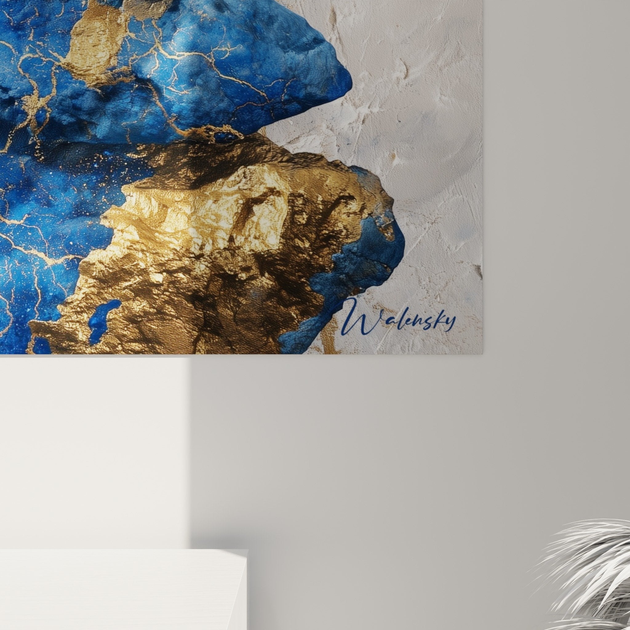 Overview of feng shui wall art blue stones in contemporary interior with light walls