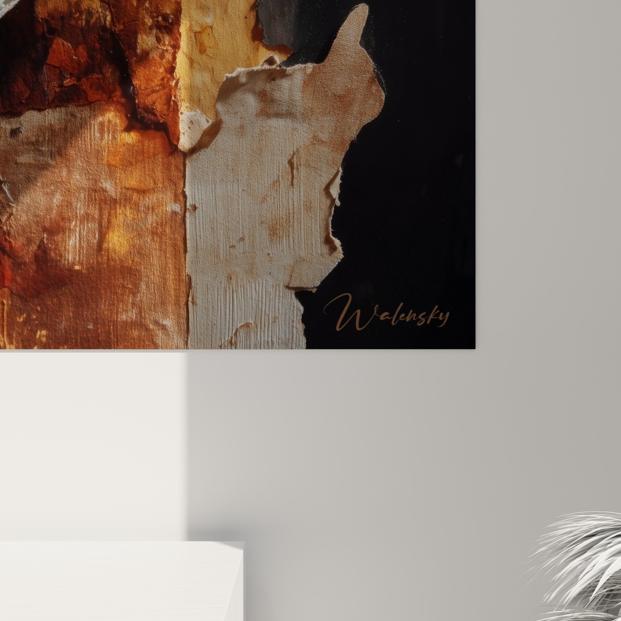 Vue ensemble tableau abstrait tons terreux blancs decoration murale feng shui harmonieuse