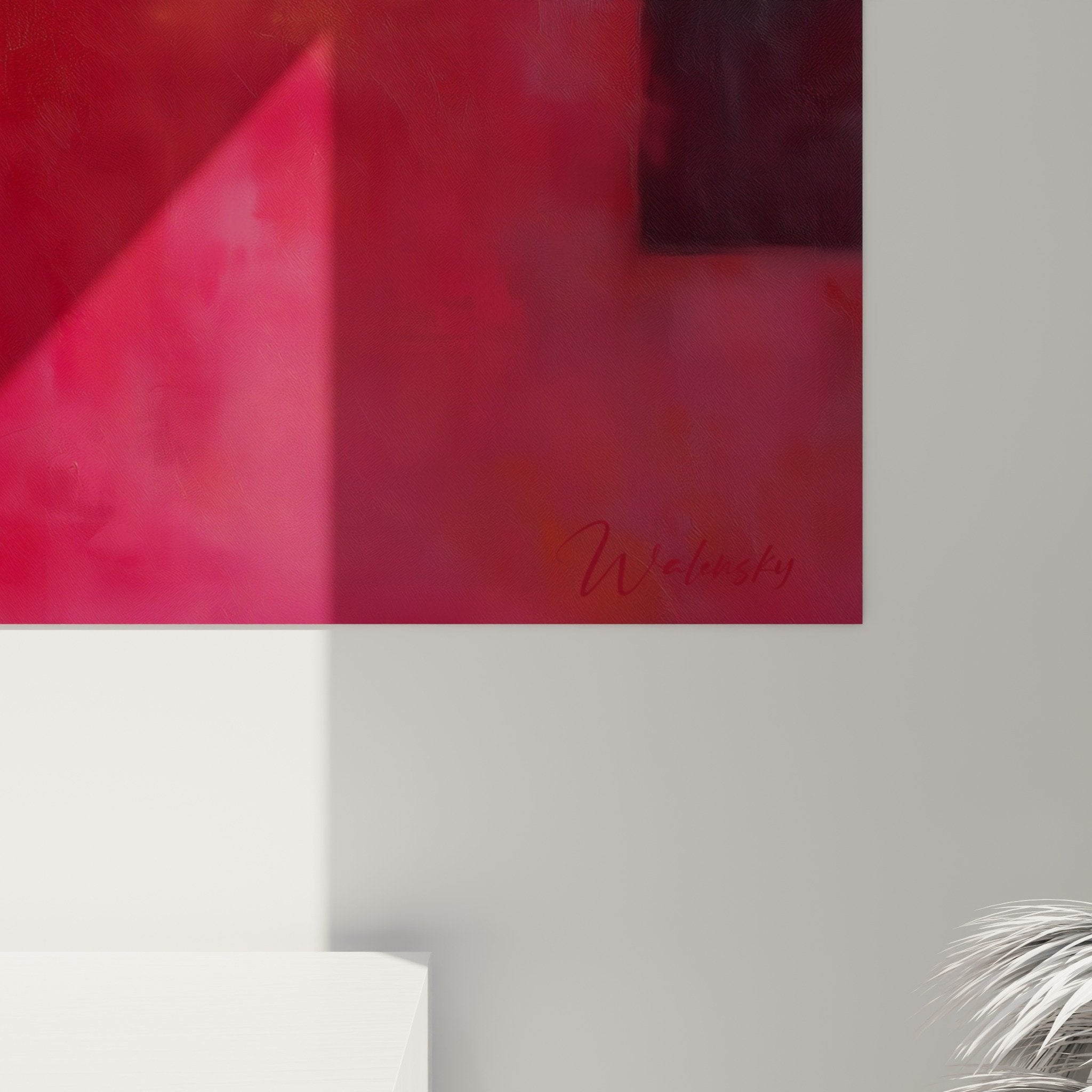 Vue ensemble tableau feng shui sud feu composition abstraite rouge orange beige dans interieur moderne