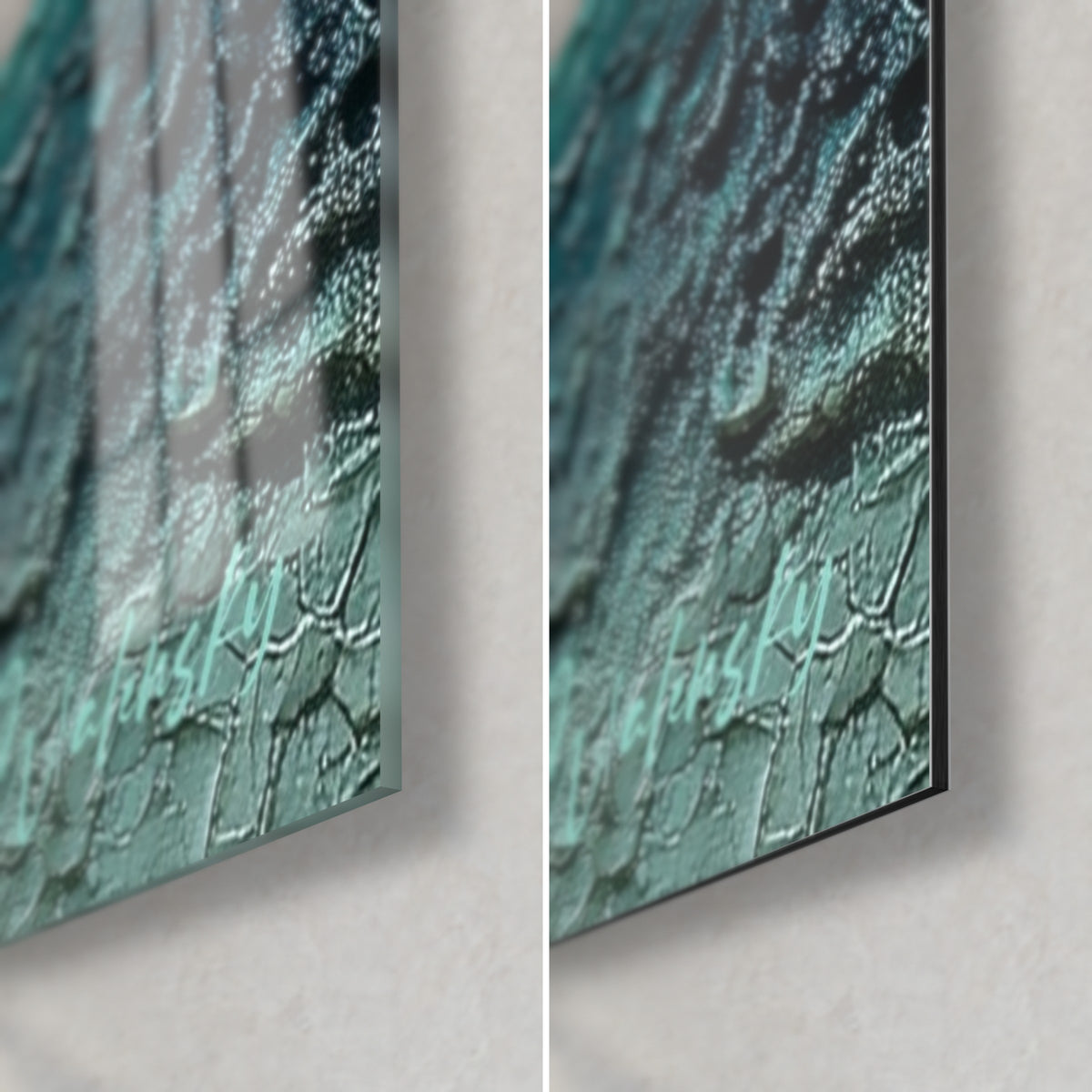 Wall art of textured sea in turquoise and white, glossy glass corner at bottom right and matte black Dibond, 3 mm edge visible