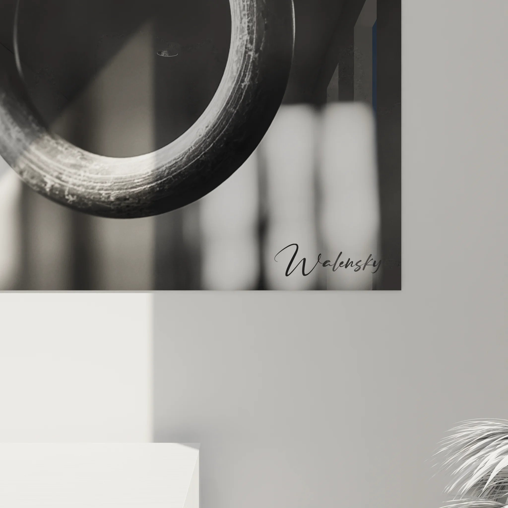 Vue d'ensemble tableau anneaux gymnastique noir et blanc, décoration murale complète style sportif