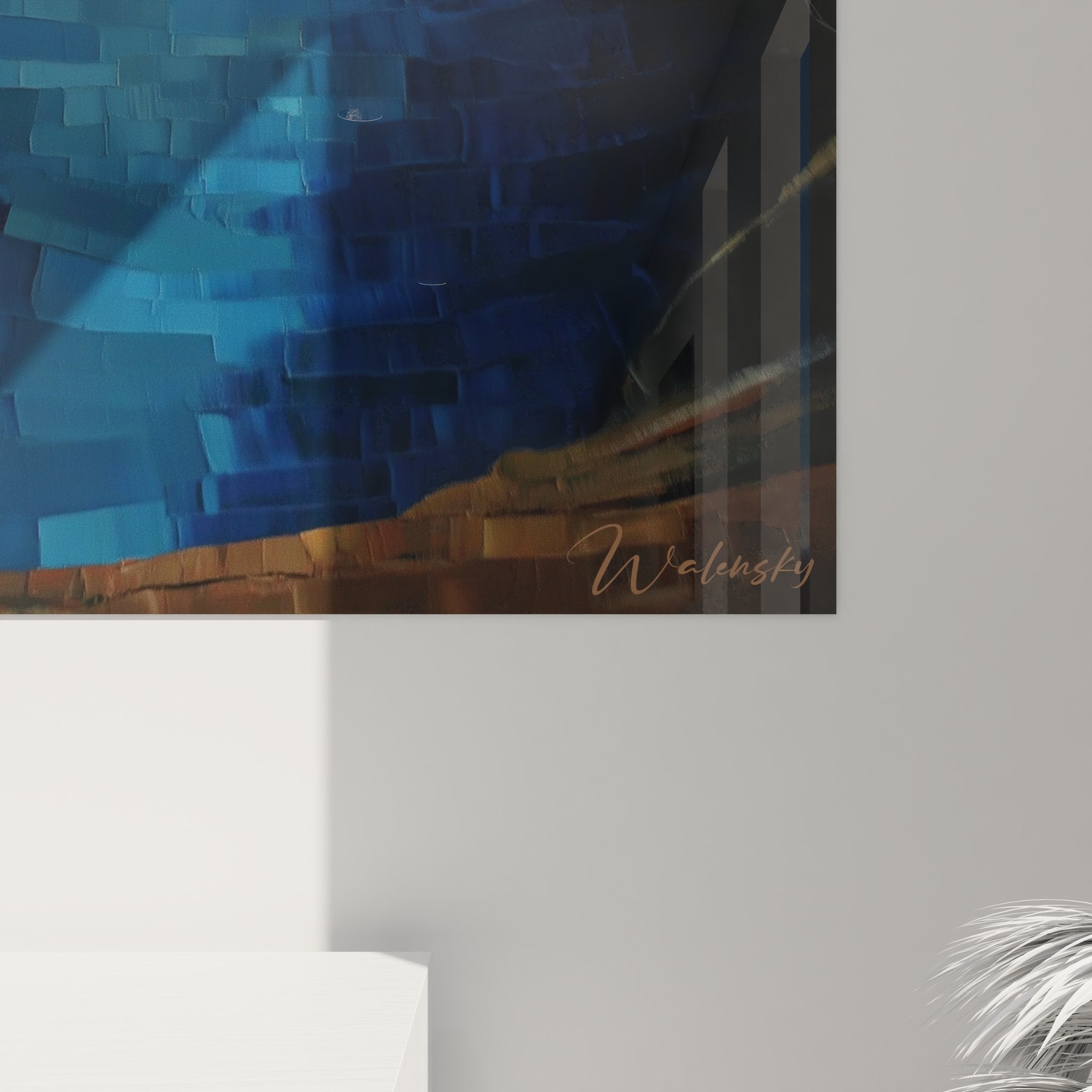 Vue d'ensemble tableau fjord scandinave dans intérieur contemporain minimaliste