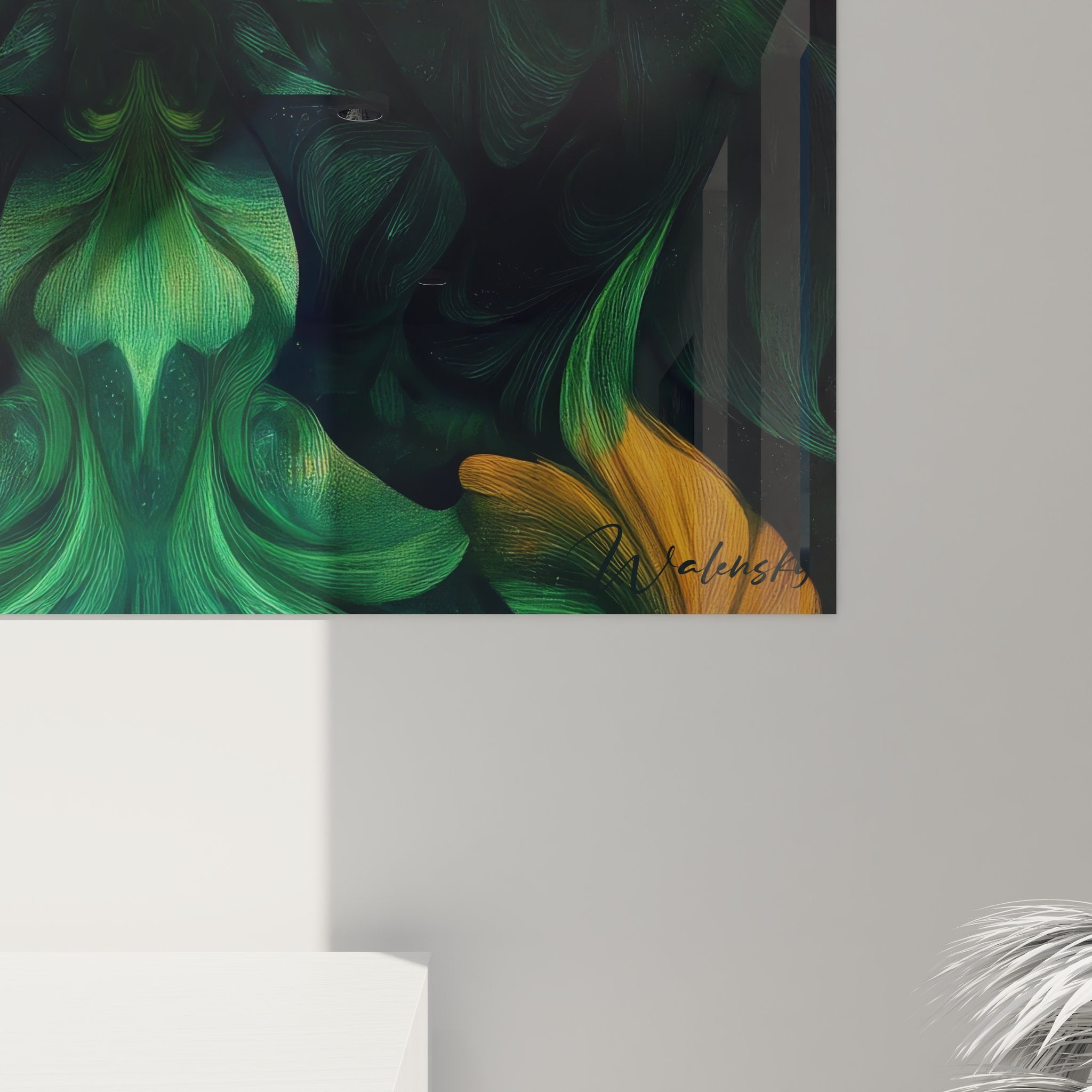 Vue ensemble tableau mural fleur fractale décoration moderne salon