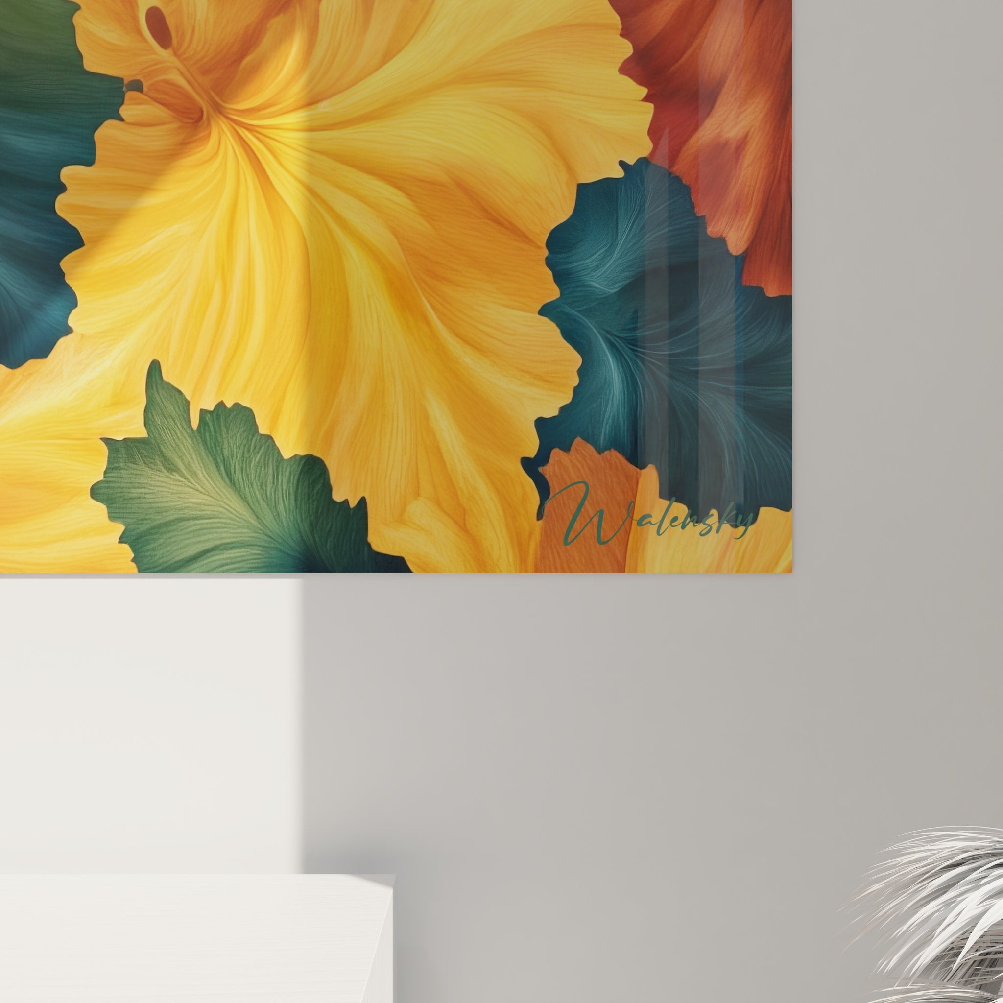 Vue ensemble tableau fleurs fractales, composition complète art mural géométrique orange et vert