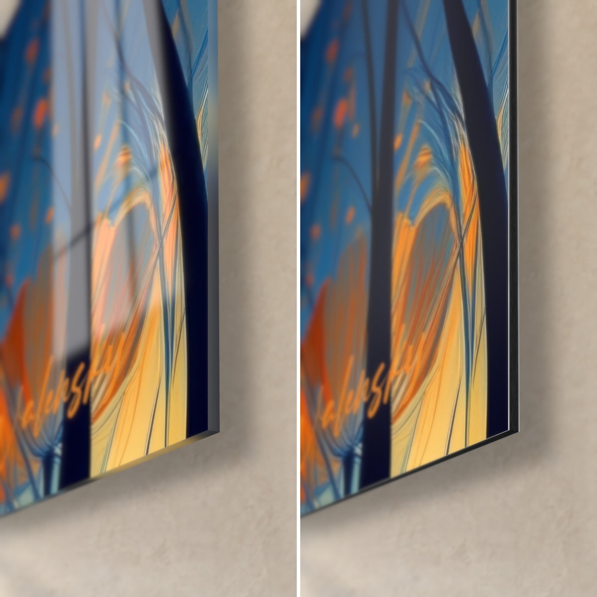 Wall art of a nocturnal poppy garden, bottom right corner: glossy blue and orange acrylic glass on the left, matte Dibond on the right, 3 mm edge