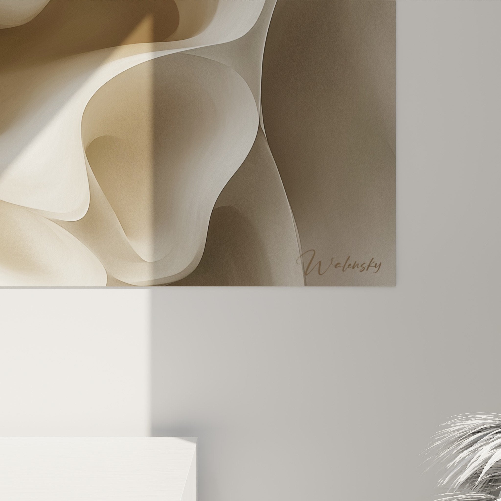 Vue ensemble tableau mural formes fluides beiges decoration contemporaine feng shui terre