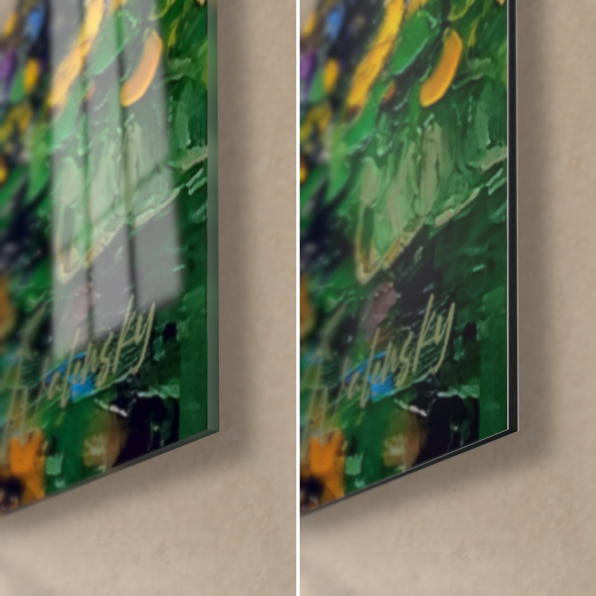 Quadro sentiero nel bosco in pittura spessa, angolo in basso a destra verde e giallo, vetro acrilico lucido a sinistra, Dibond opaco a destra