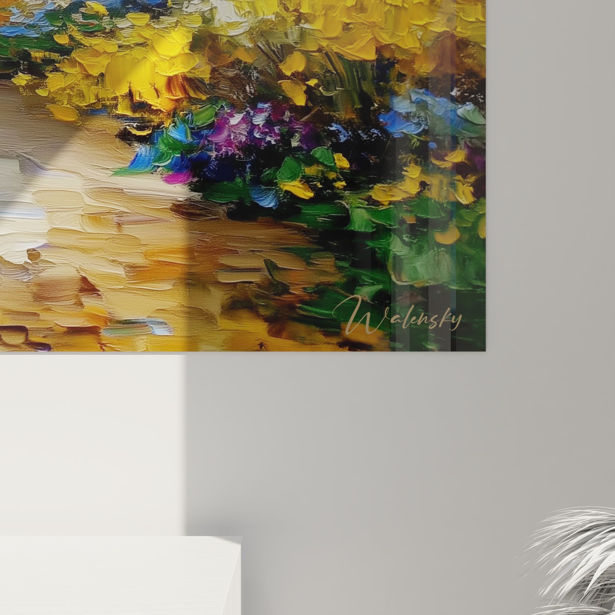 Vue ensemble tableau chemin forêt automne avec reflets eau et feuillage doré décoration murale nature