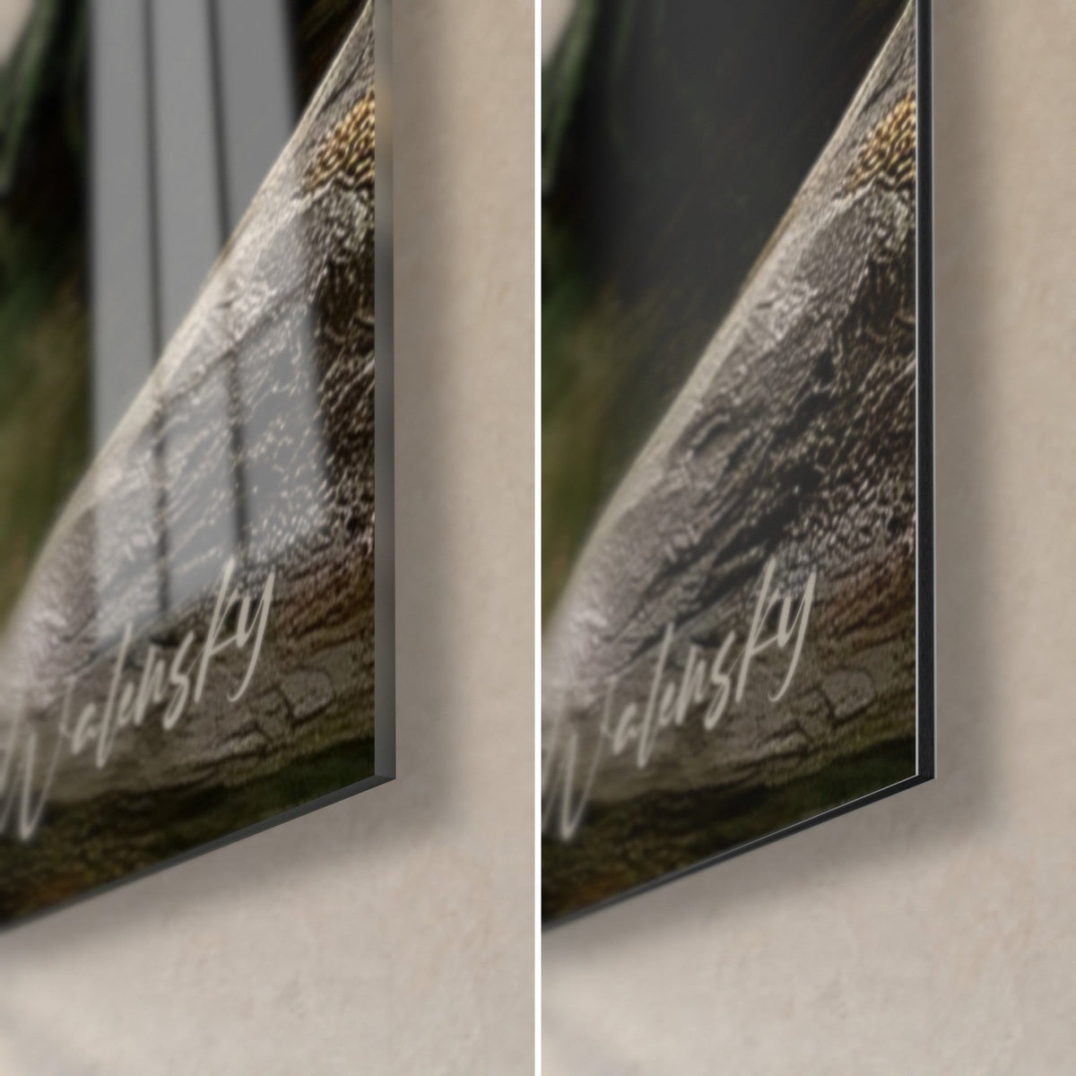 Tableau cours d'eau forestier, coin bas droit : acrylique brillant aux reflets verts, alu Dibond mat beige, tranche fine