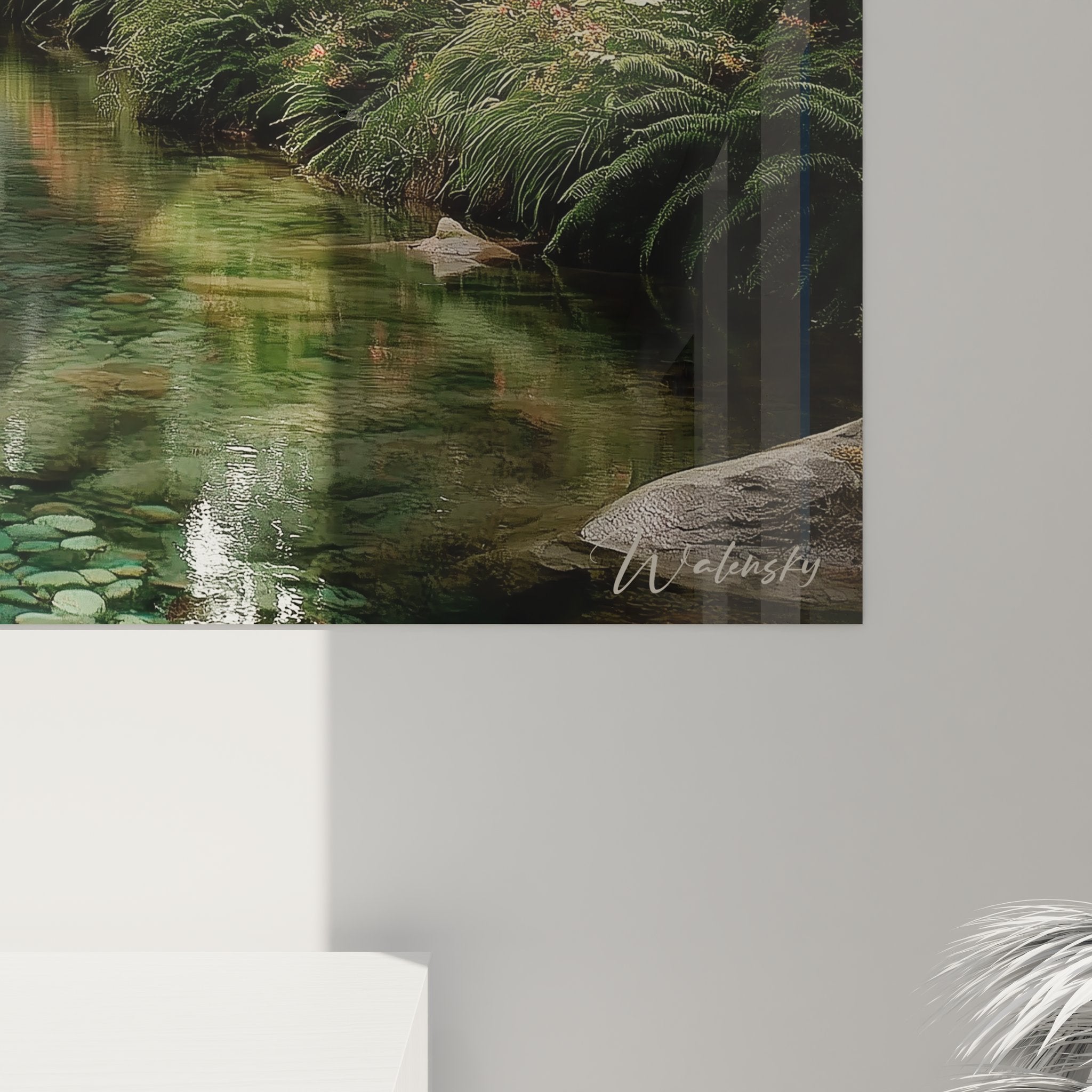 Vue ensemble tableau mural forêt mystique rivière émeraude parfait pour décoration salon nature