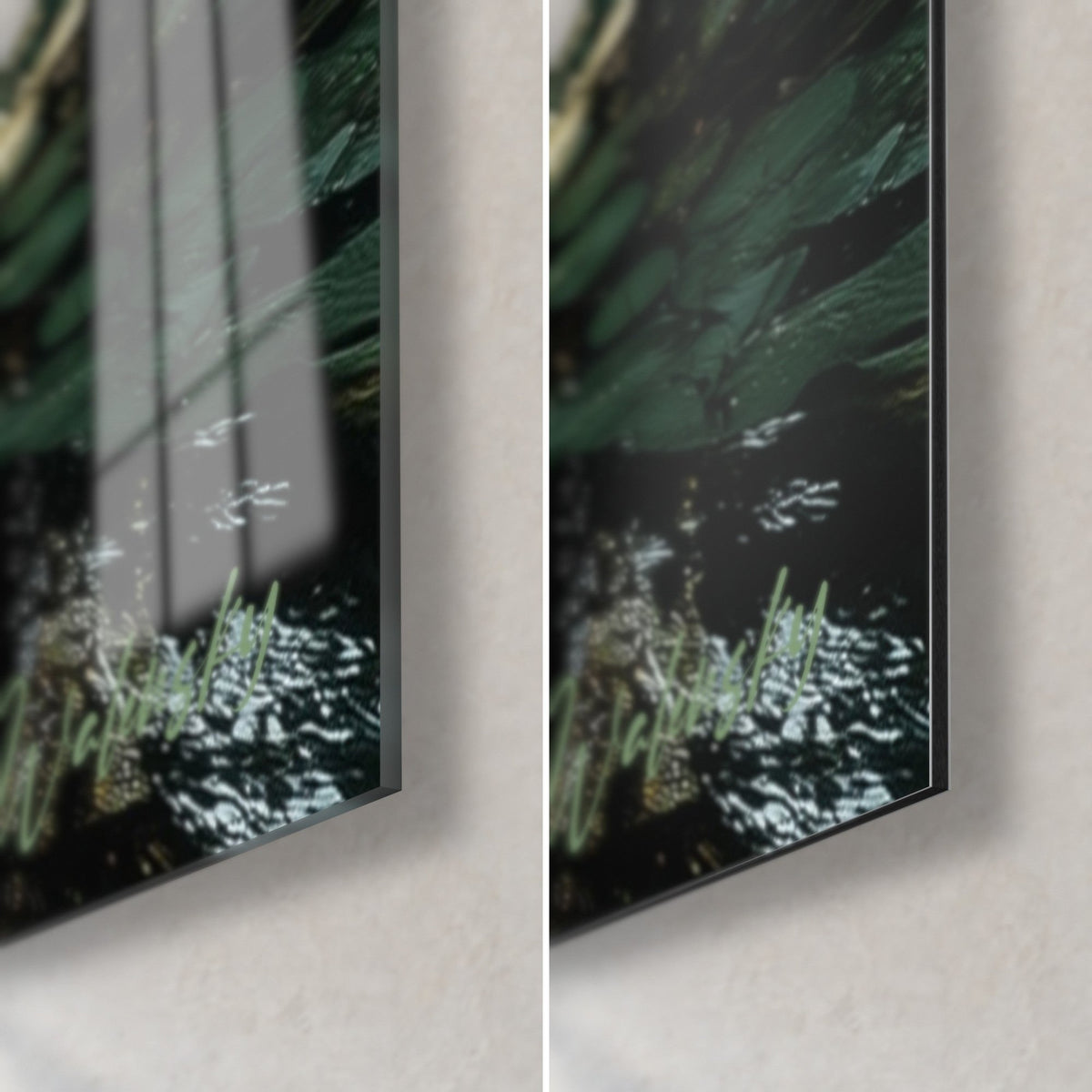 Wall art boat on tropical river, bottom right corner: glossy glass with silver reflections, matte black Dibond, 3 mm edge