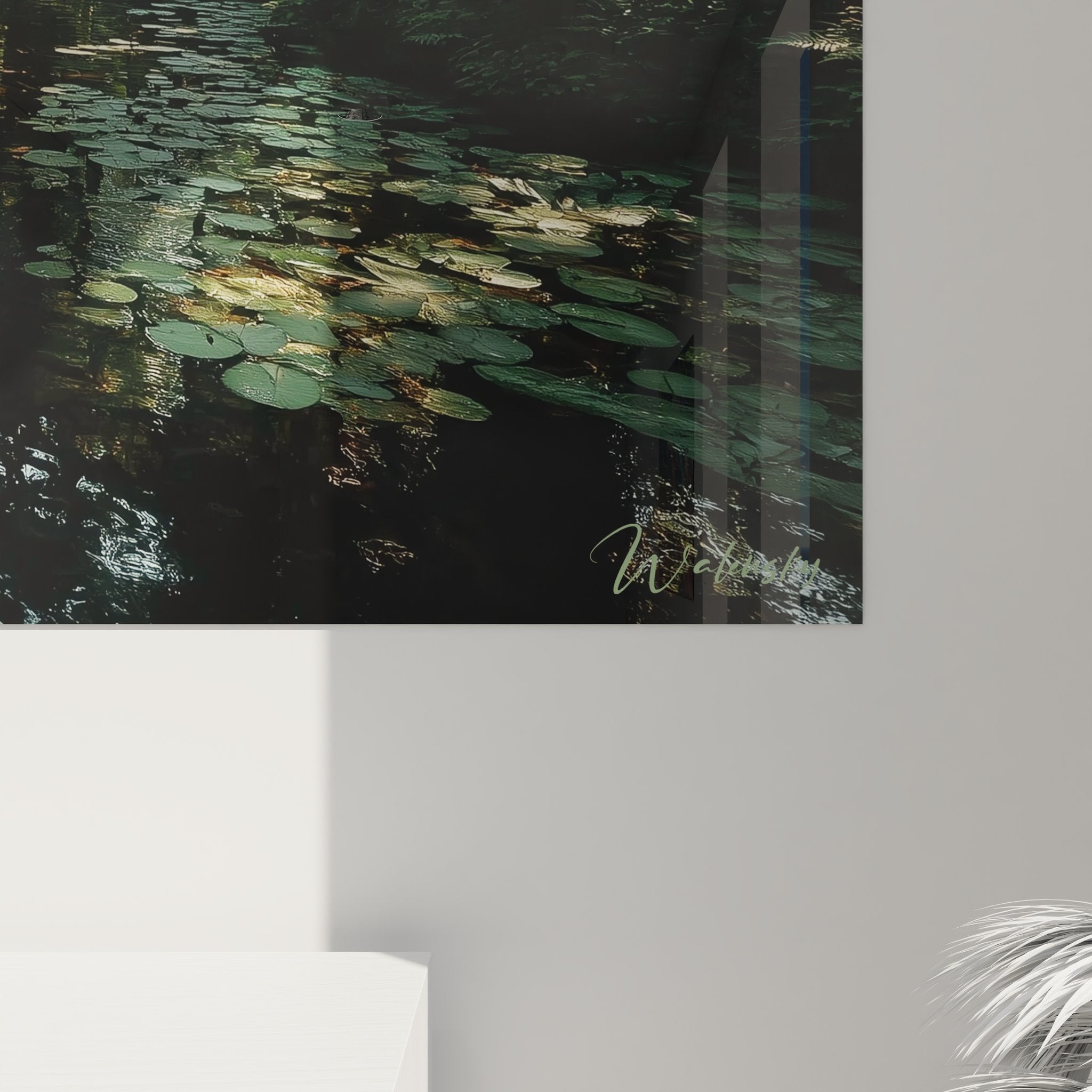 Vue ensemble tableau mural forêt tropicale avec barque, palmiers et rivière paisible