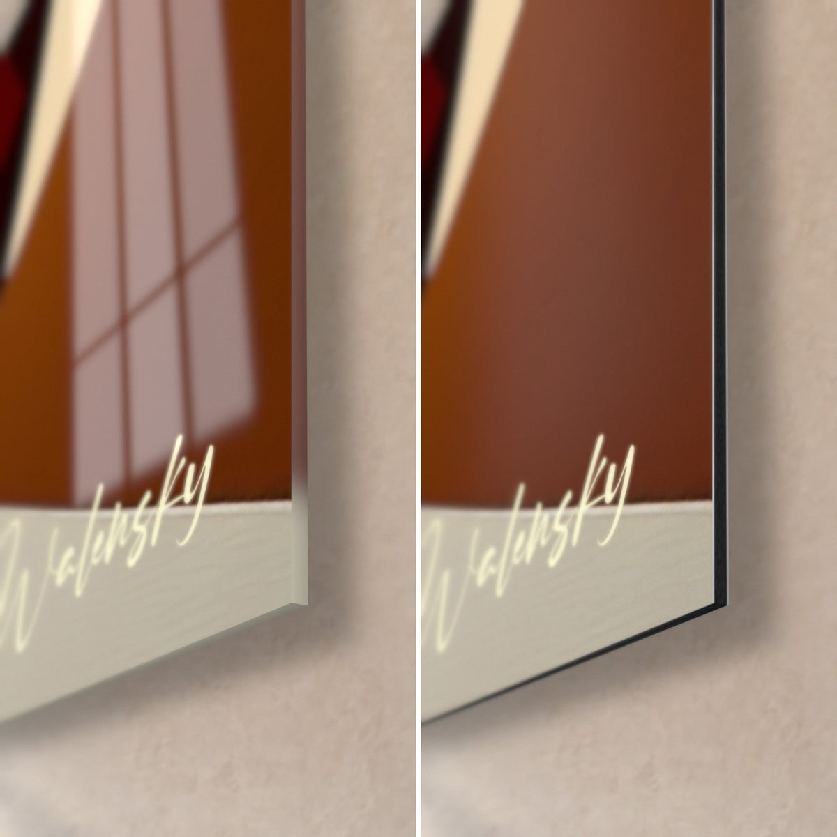 Wall art circular composition in coppery brown blocks, bottom right corner: glossy acrylic glass on the left, matte Dibond on the right