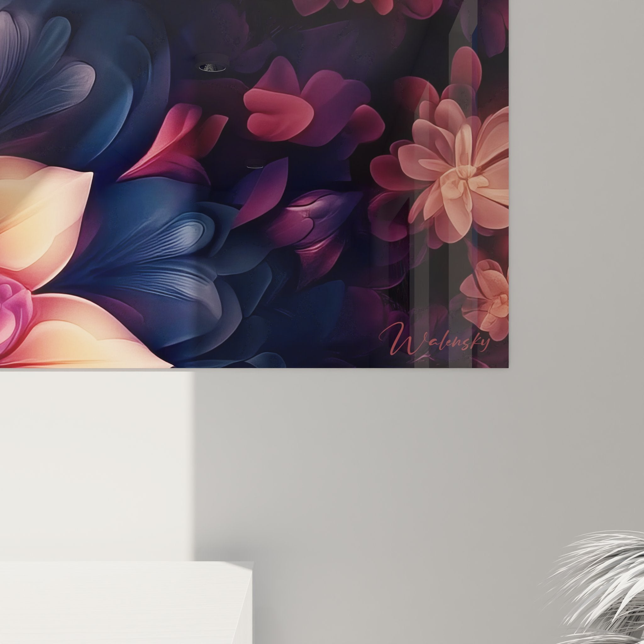 Vue d'ensemble tableau fleur fractale décorative dans intérieur contemporain