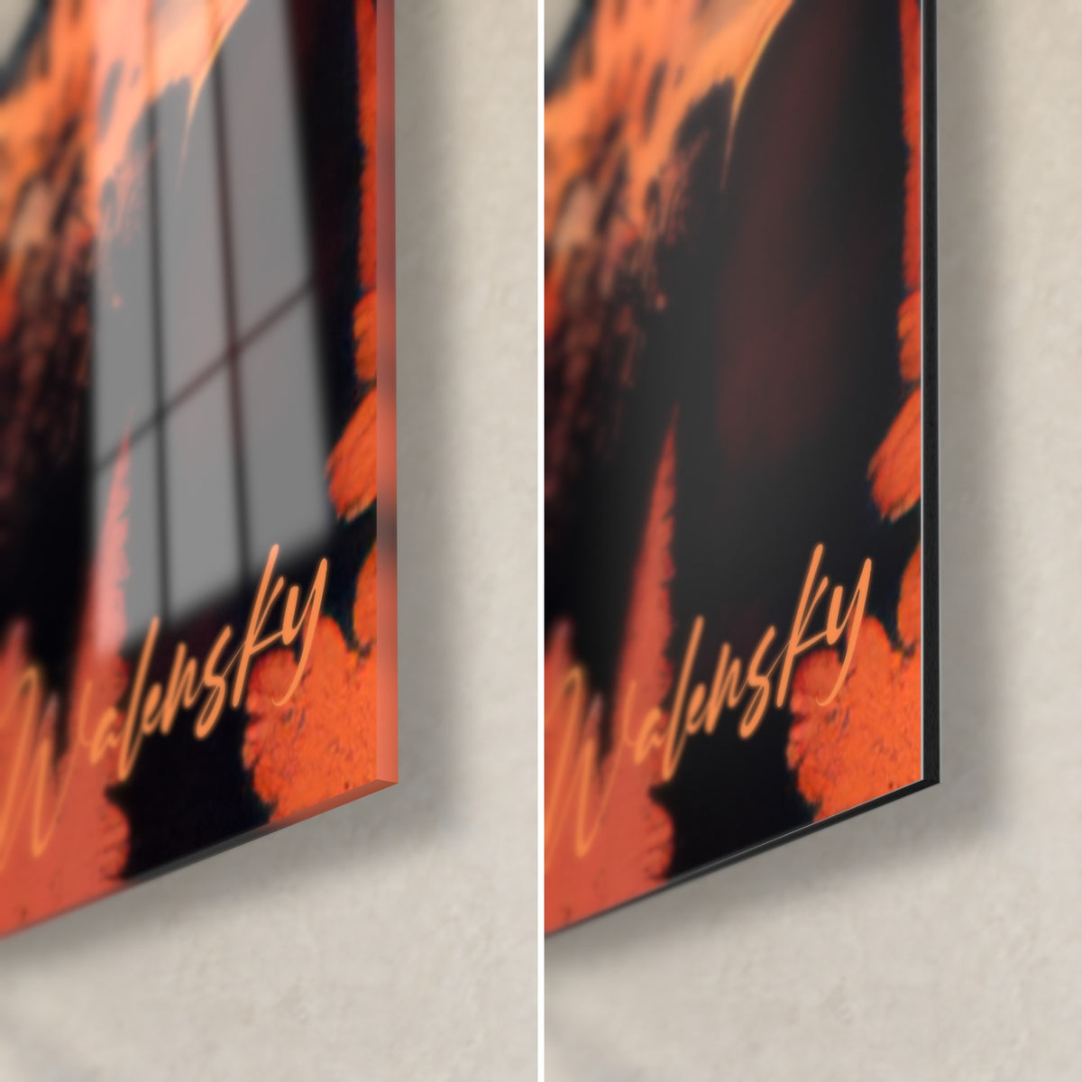 Oranje en zwart fractal bloeisel schilderij, rechter onderhoek in glanzend glas en mat Dibond aluminium, rand van 3 mm zichtbaar