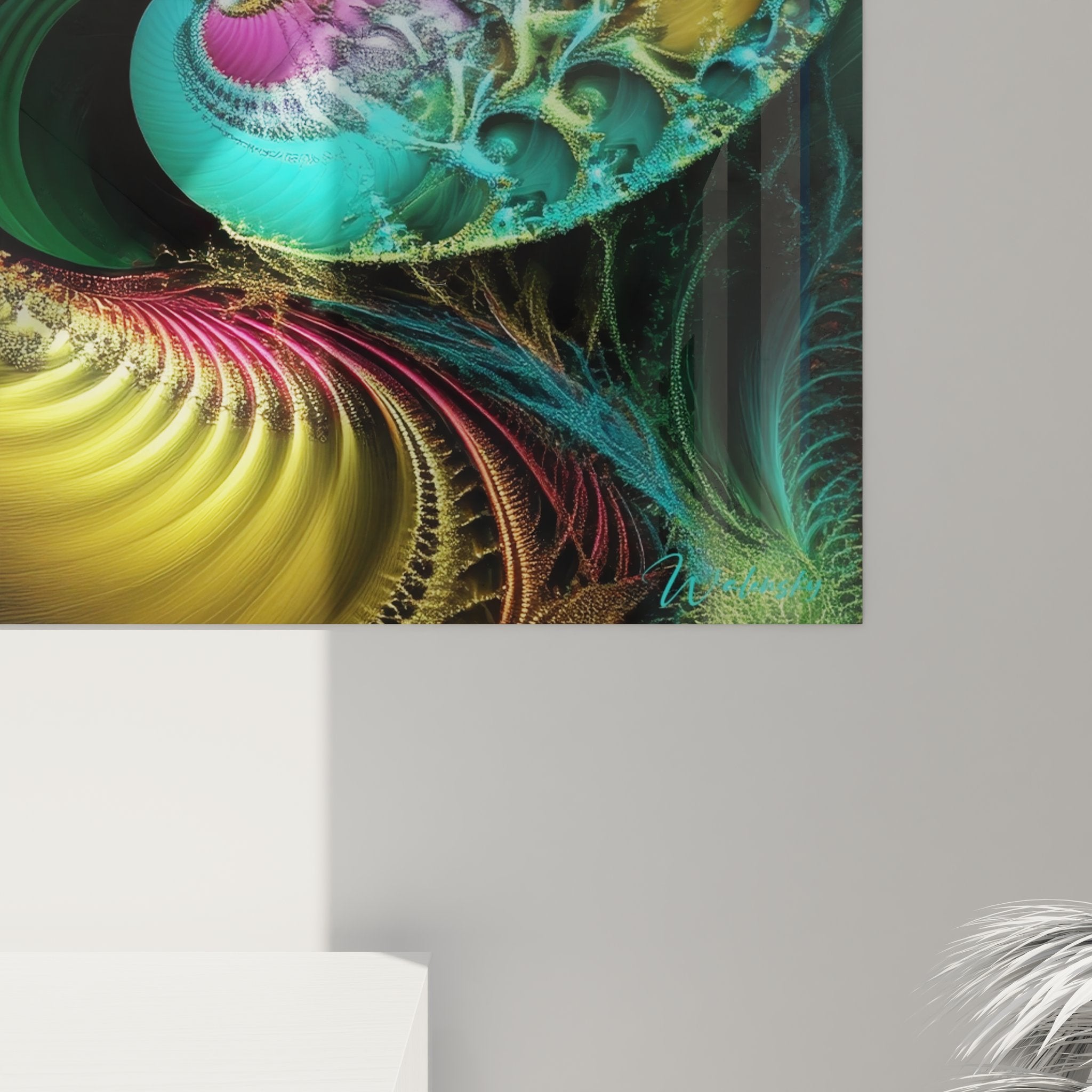 Vue ensemble tableau spirale fractale multicolore art mural géométrique moderne