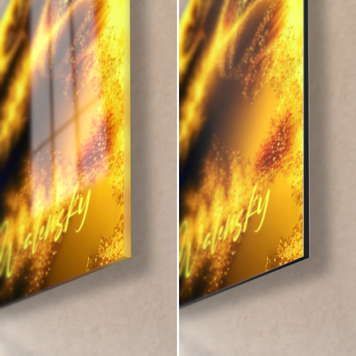 Wall art cosmic spirals in midnight blue and golden yellow, bottom right corner: glossy acrylic glass on the left, matte Dibond on the right