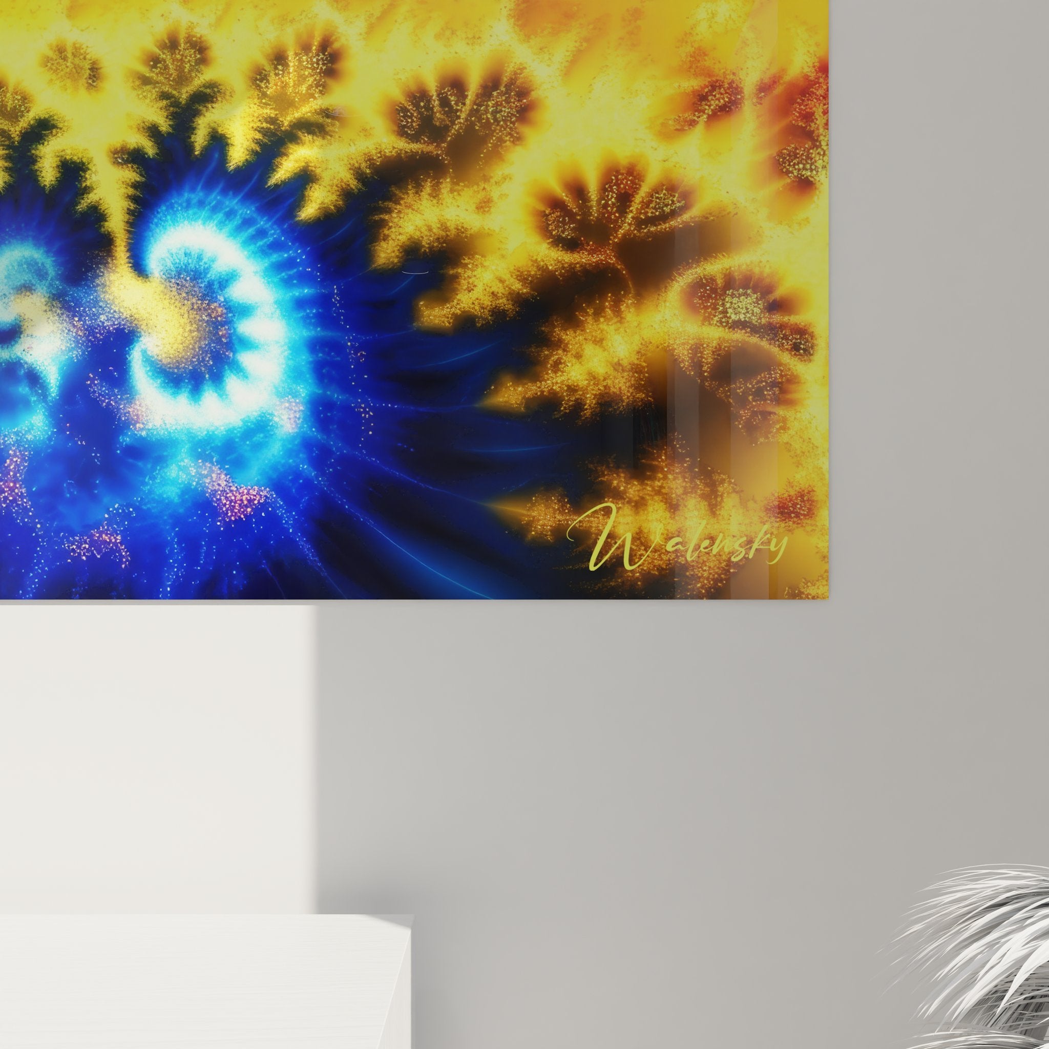 Vue ensemble tableau mural fractale spirales cosmiques flammes bleues oranges art moderne