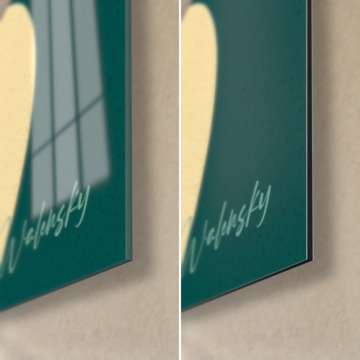 Cuadro guijarros zen y orilla turquesa, esquina inferior derecha: cristal brillante con reflejos, aluminio Dibond mate, grosor de 3 mm
