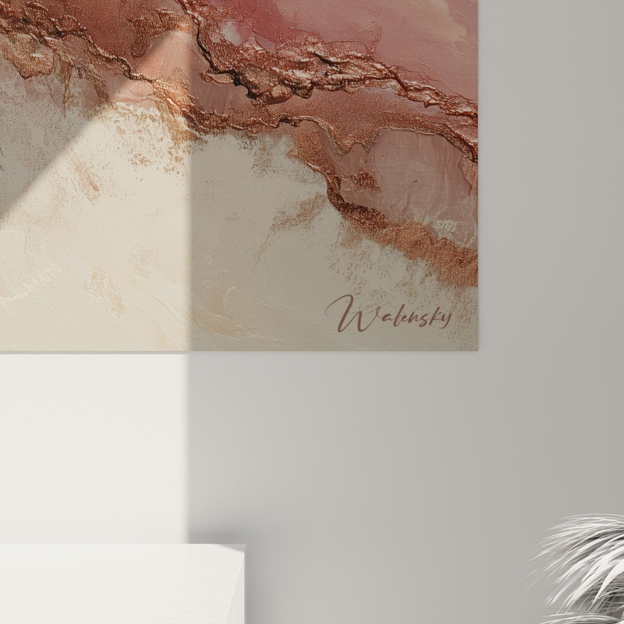 Overview of abstract geological artwork with metallic reflections and pink tones, harmonious mineral composition