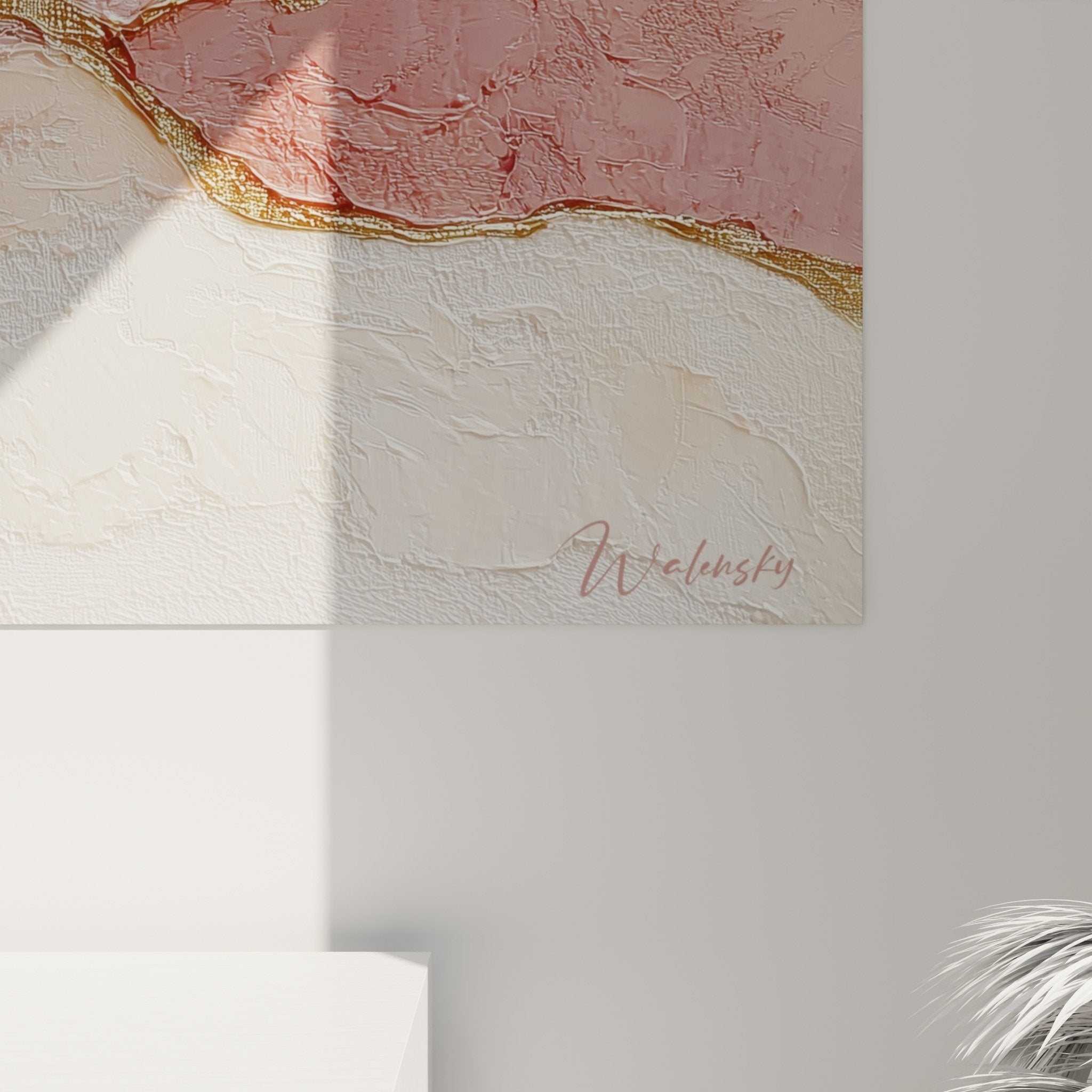 Overview of abstract geological pink gold artwork in contemporary feng shui earth-centered interior