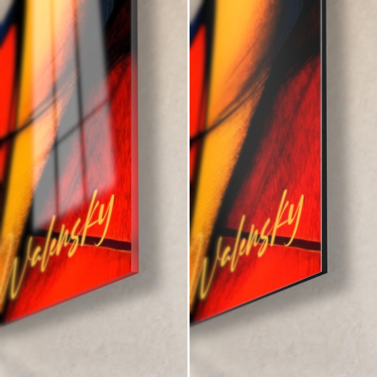 Tableau de facettes cubistes orange et rouge signé Walensky en doré, coin bas droit : verre brillant à gauche, Dibond mat à droite