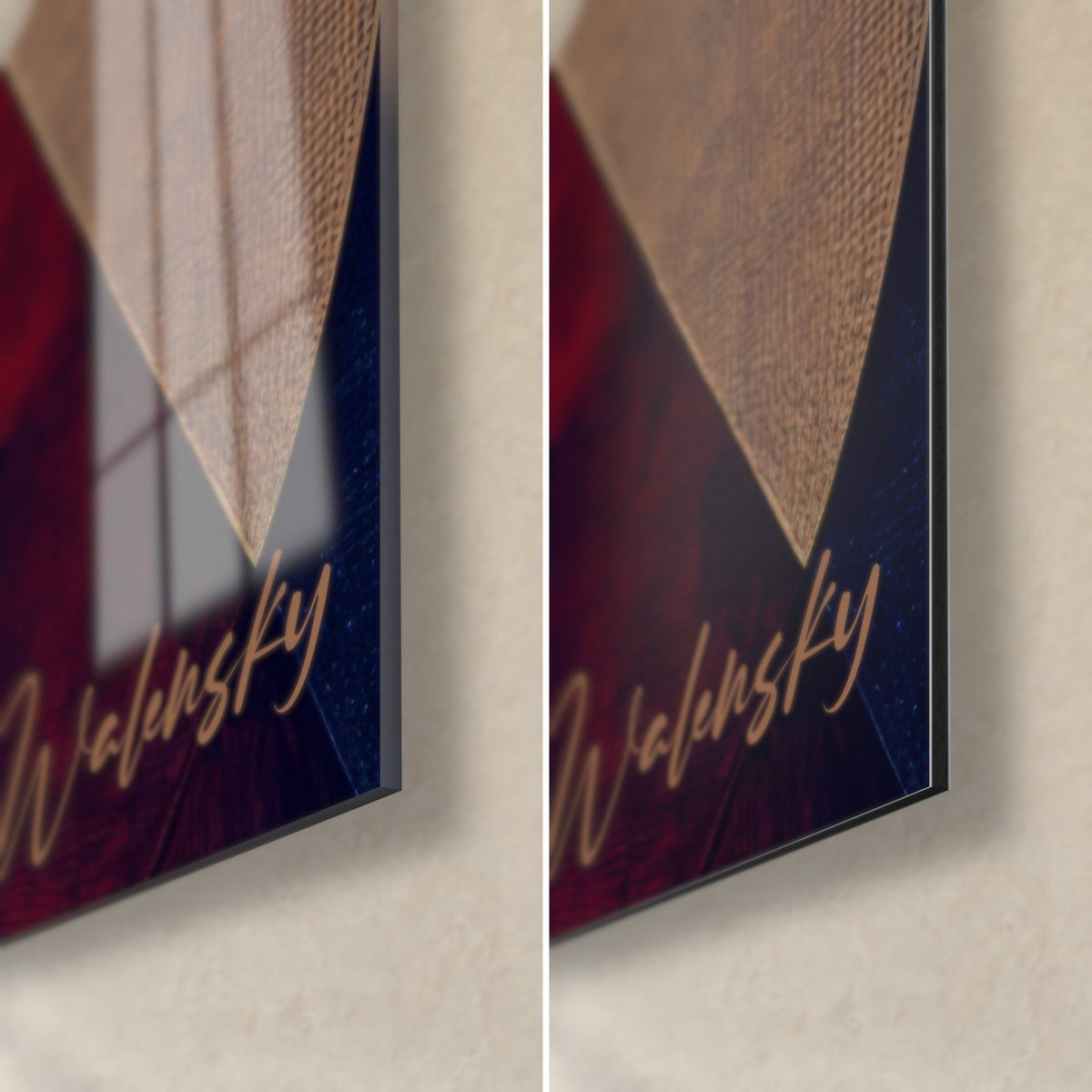 Tableau arcs entrelacés rouge et bleu nuit, coin bas droit en verre acrylique brillant à gauche, Dibond mat et tranche à droite