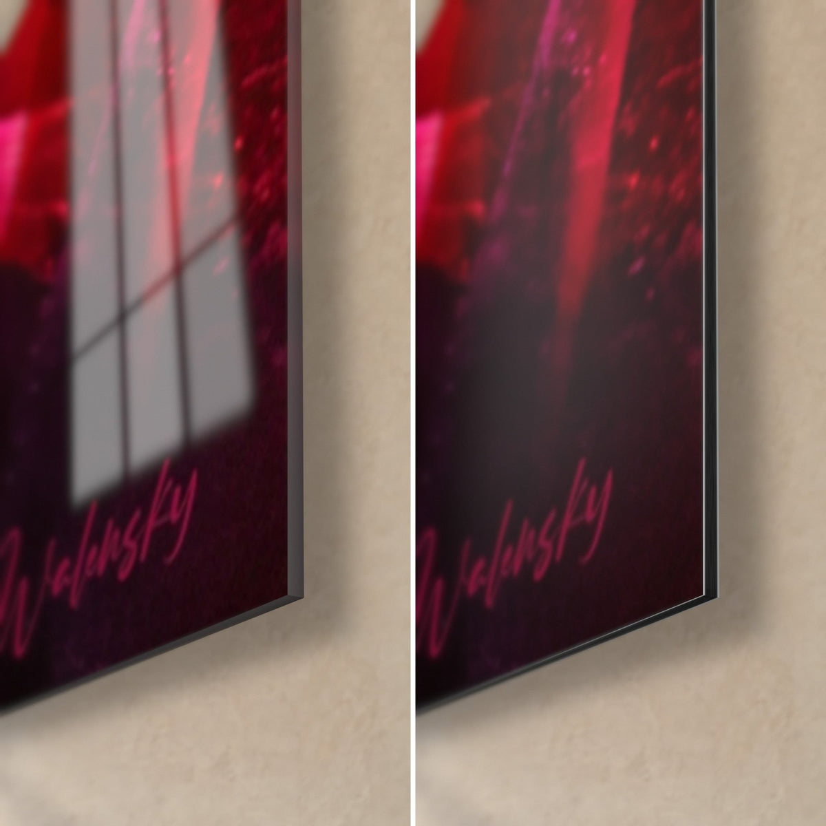 Wall art facets in magenta and midnight blue, bottom right corner: glossy acrylic glass reflecting the window, matte Dibond aluminium, 3 mm edge