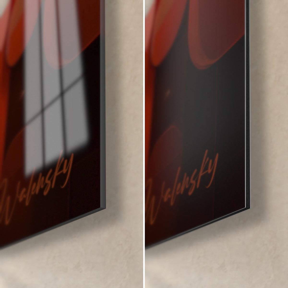 Wall art arrangement of orange capsules, bottom right corner in glossy glass reflecting a window and matte brown Dibond, 3 mm thickness