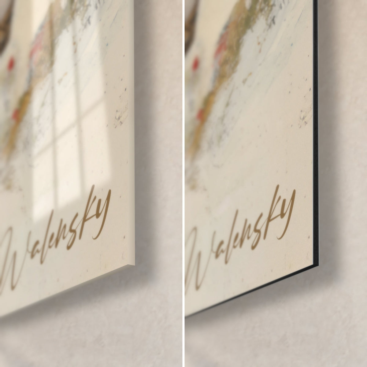 Tableau aplats rouges écaillés, coin bas droit : verre acrylique brillant à gauche, alu Dibond mat à droite, tranche noire de 3 mm